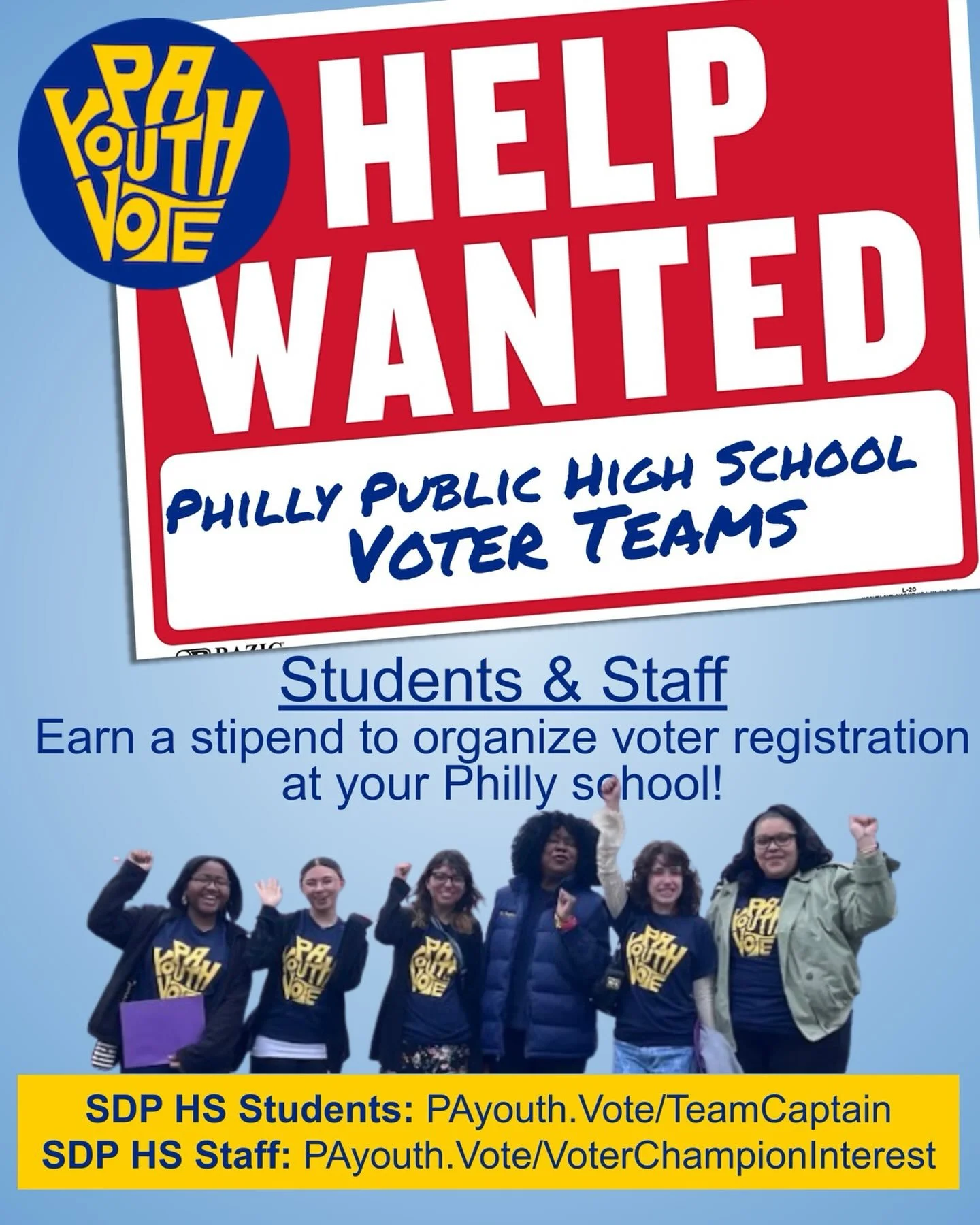 PA Youth Vote is currently recruiting high school students &amp; staff to lead voter registration teams in Philly public high schools!

Student Voter Team Captains earn a stipend to lead a team of students to register voters at school. Read more and 