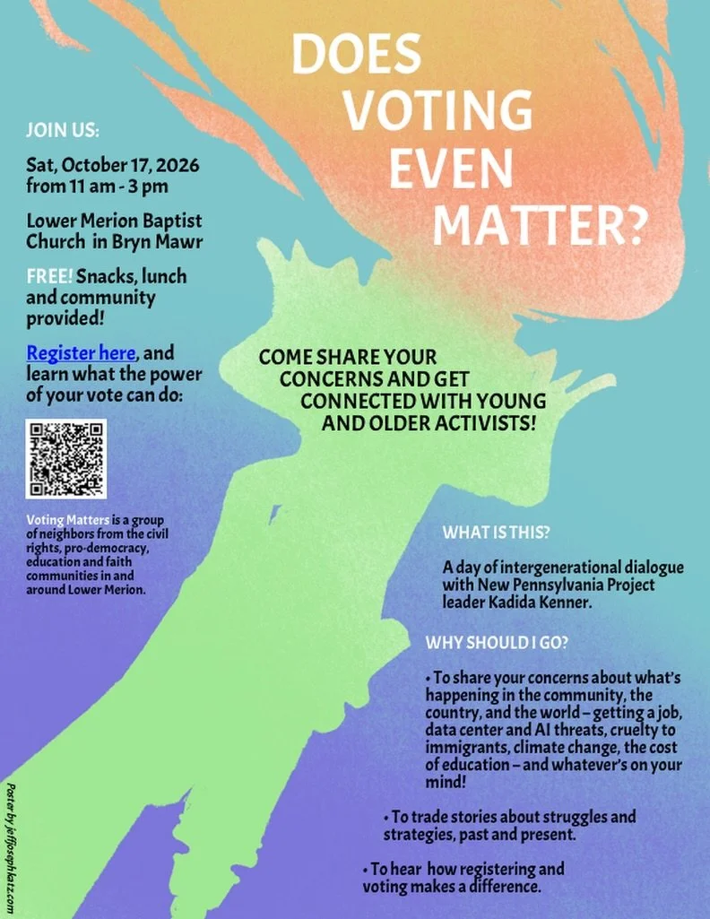 "Does Voting Even Matter?" 

An invitation to an intergenerational dialogue, with New Pennsylvania Project Leader Kadida Kenner. Come share your concerns about what is going on in the community and in the world, hear stories of earlier stru