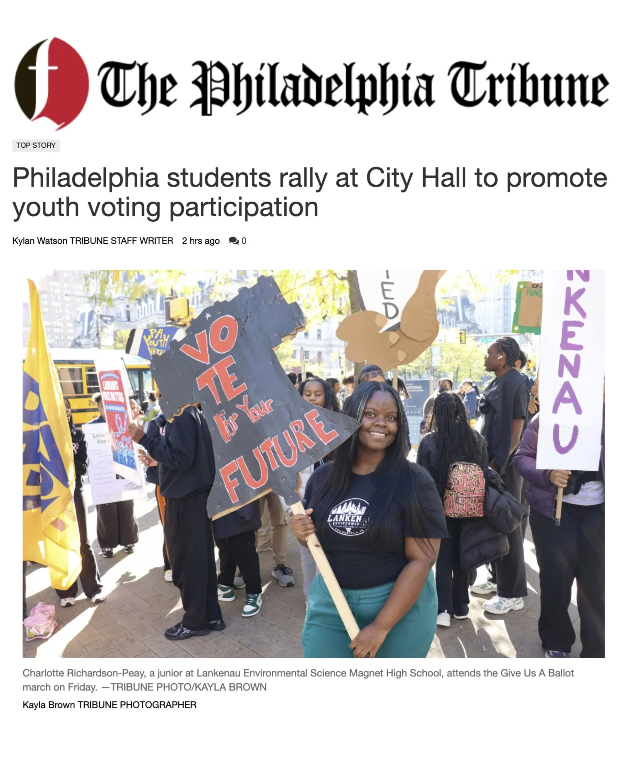 Wonderful article in the @phillytrib featuring critical student voices (and smiles) at the #GiveUsABallot March! Read it here: PAyouth.Vote/TribArticle.

&ldquo;We&rsquo;re trying to save our school. This is my way of advocating for Lankenau. I&rsquo