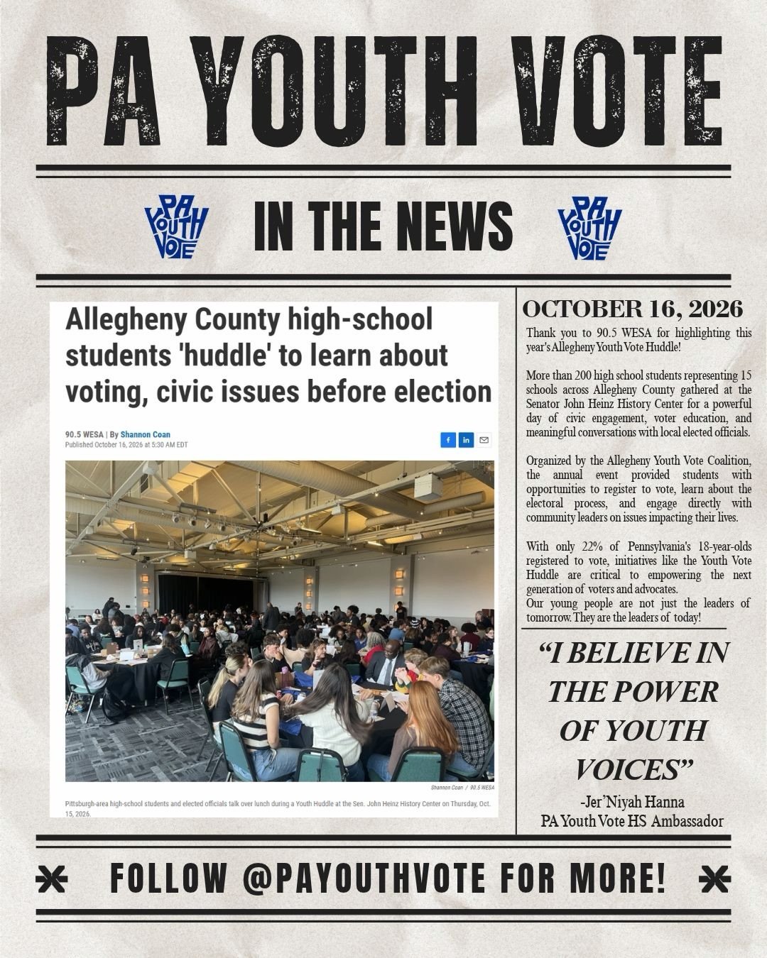 Thank you to @905wesa for covering our Allegheny Youth Vote Huddle earlier this month, and amplifying the voice of the young people who attended!! 🗣️🗳️