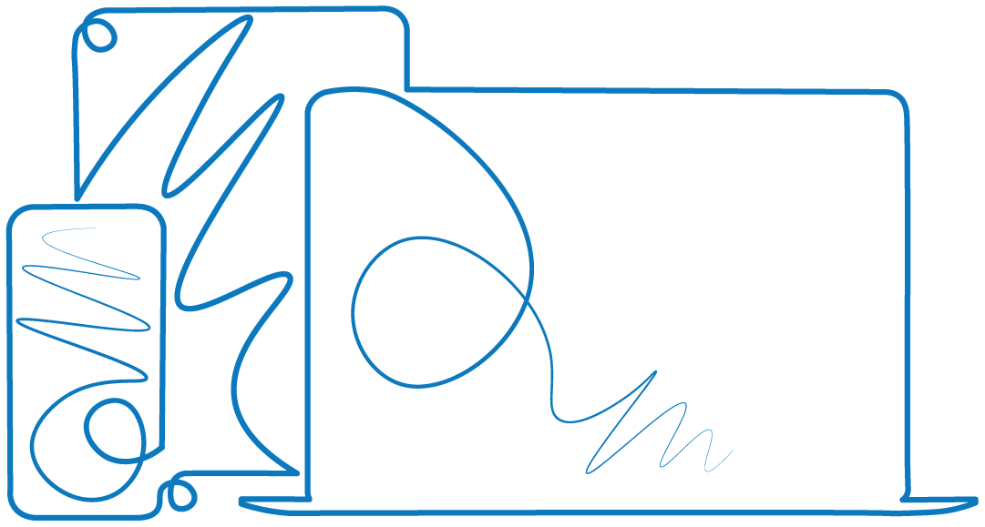 Line drawing of a phone, tablet and laptop.