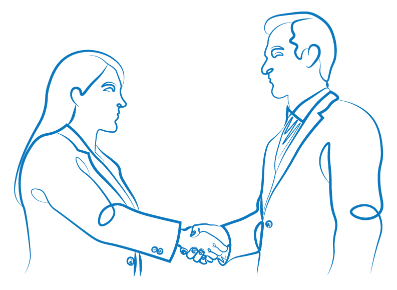 Line drawing of two professionals shaking hands.