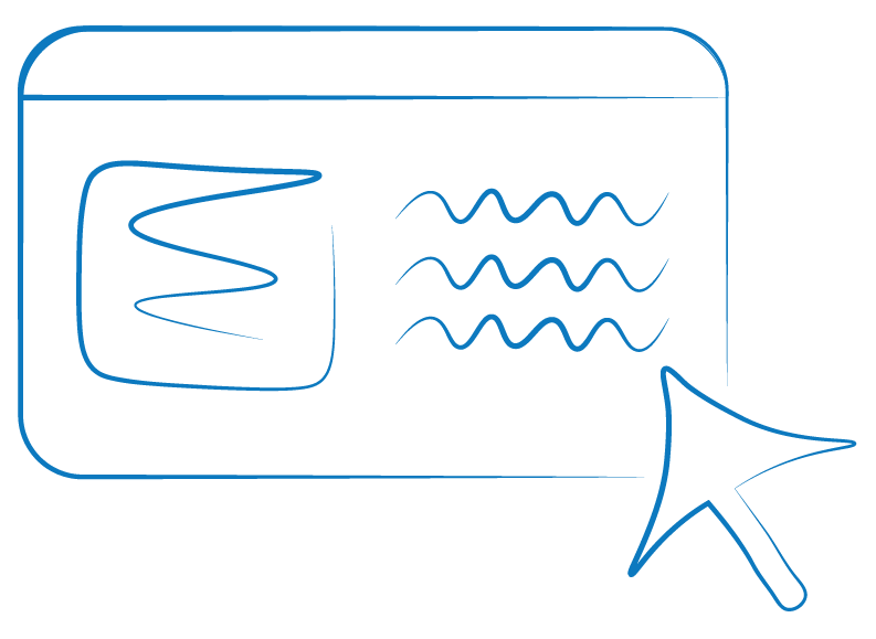 Line drawing of web browser mockup with mouse pointer.