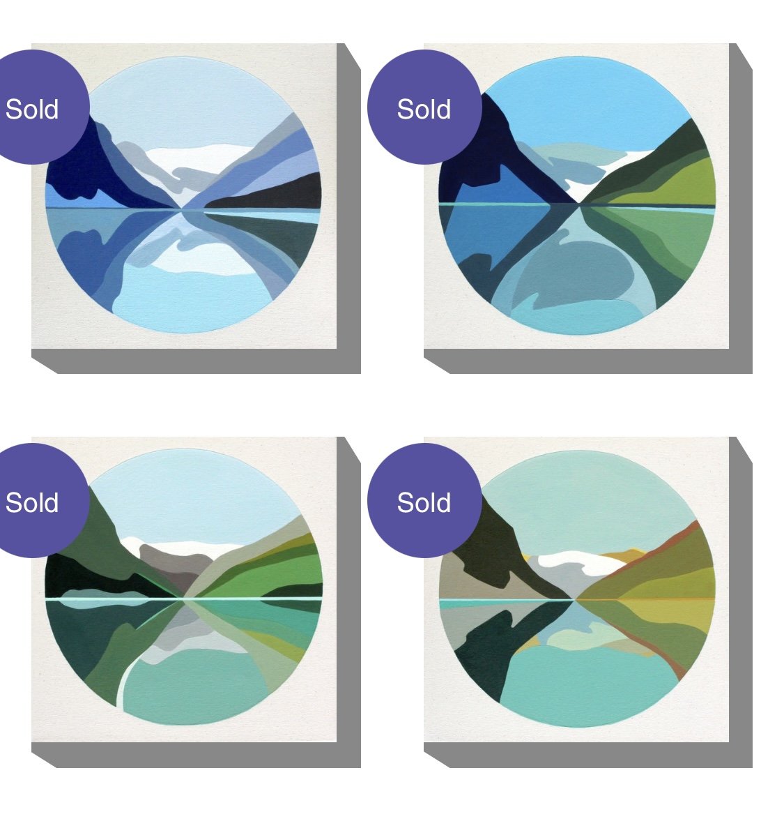 Four stylized landscape paintings of lakes and mountains, each in a circular frame, with a 'Sold' label in the top left corner of each.
