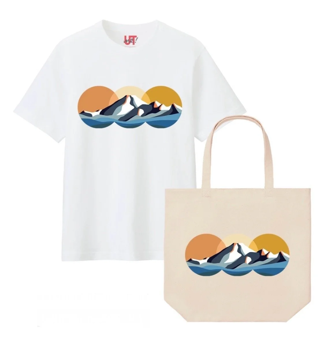 White T-shirt and beige tote bag both with a stylized mountain landscape design featuring snow-capped peaks and a sunset or sunrise in the background.