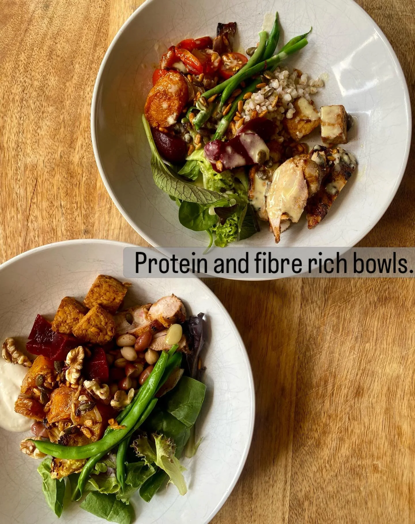 Protein + fibre = the lunch combo that actually keeps you going.

Think good quality protein, hearty grains, crunchy veg, beans, seeds, good olive oil and plenty of flavour &mdash; a bowl that keeps blood sugar steady and hunger away for hours.

Simp