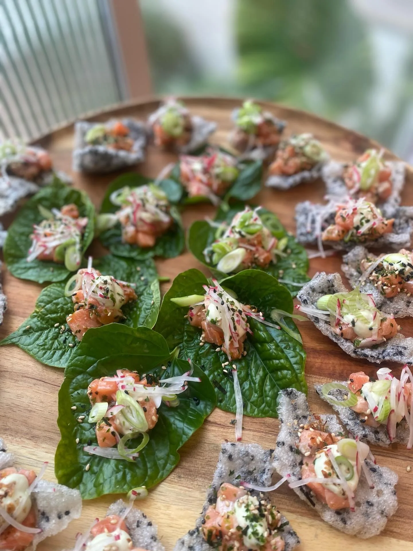 Catering days - cocktail food.
Japanese inspired salmon tartar with a wasabi mayonnaise on Betal Leaves or a sesame cracker.