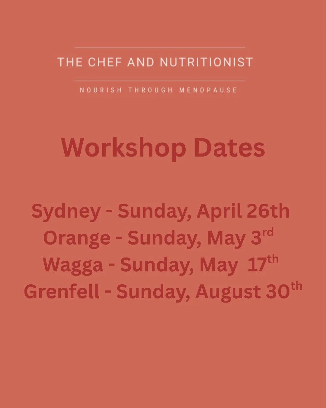 Workshop Dates
Sydney - Sunday, April 26
Orange - Sunday, May 3
Wagga - Sunday, May 17
Grenfell - Sunday August 30 

Booking link in the Bio 🔝
We will dive into simple, powerful ways to support your body through perimenopause and menopause.

3.5 -ho