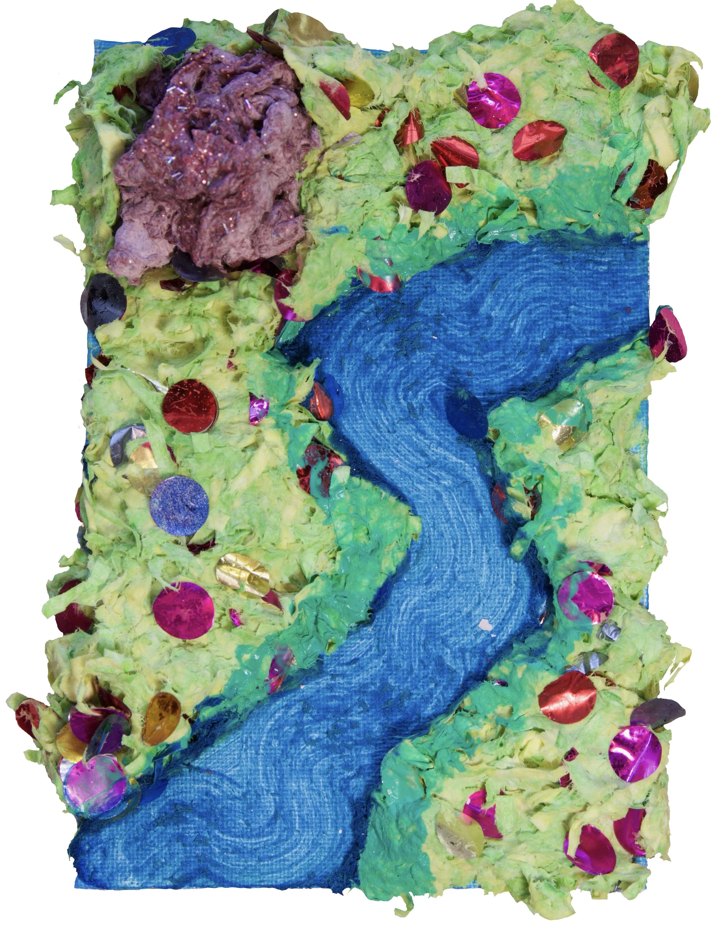 Our Inside Rivers. Easter grass, glue, glitter, glitter glue, confetti, the pink paper, acrylic paint, 4 x 6", 2026
