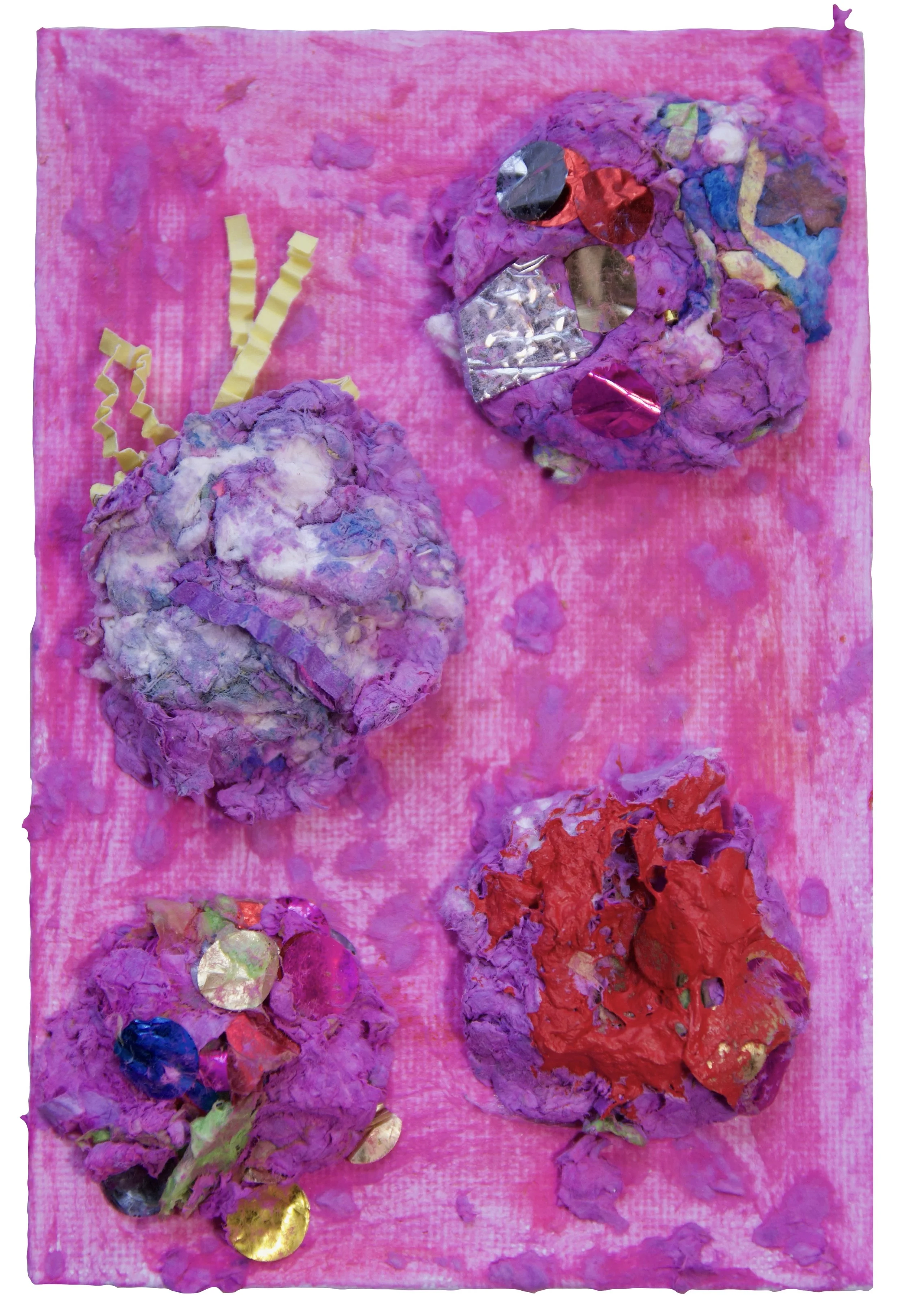 Spotted, Oval Planets, easter grass, paper pulp, acrylic paint, glue, studio debris, 4 x 6", 2026