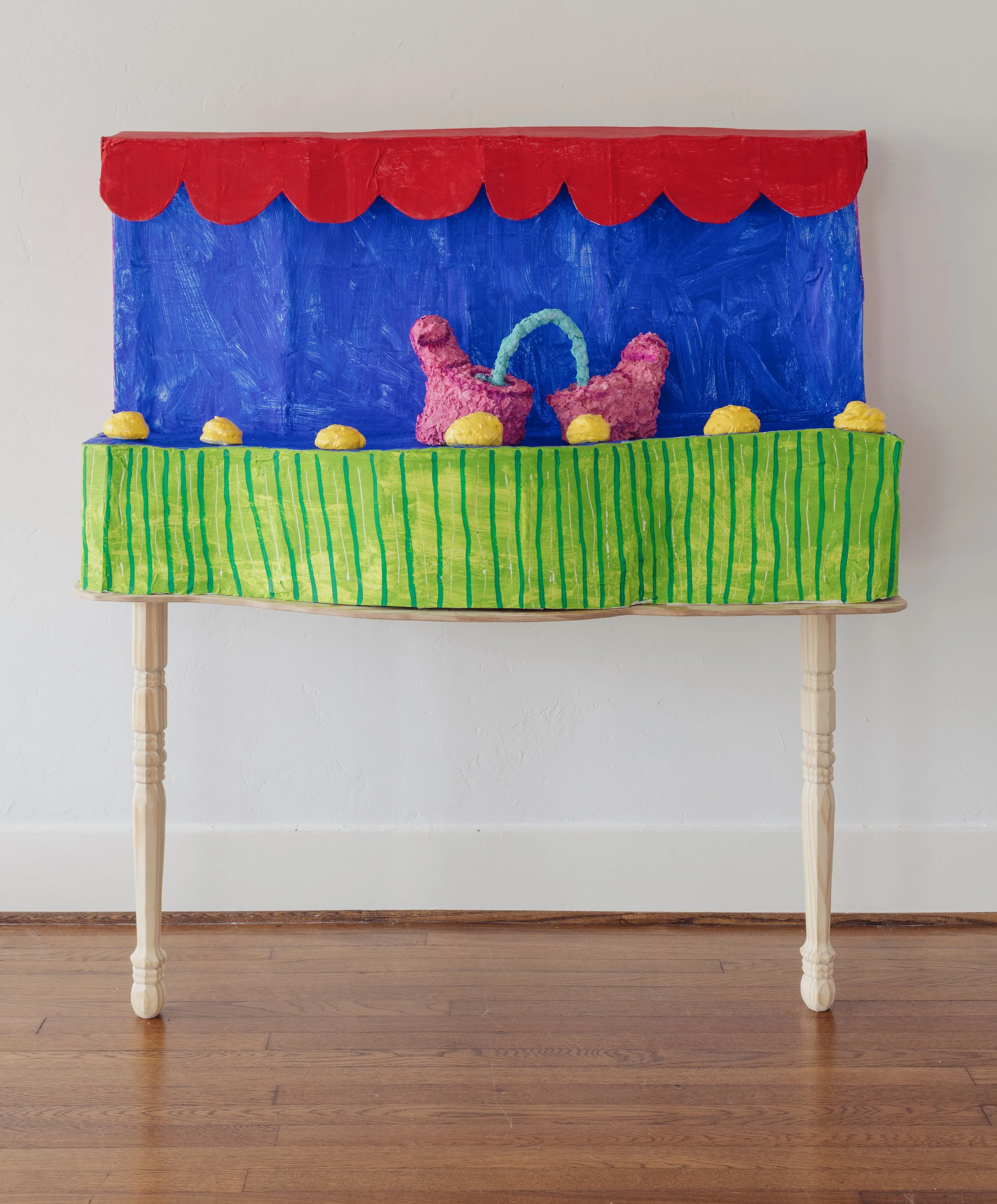 Stage, Where the Magic Happens, cardboard, paper mache, paper pulp, paint, plywood, 4 x 1.5 x 1.5’, 2025