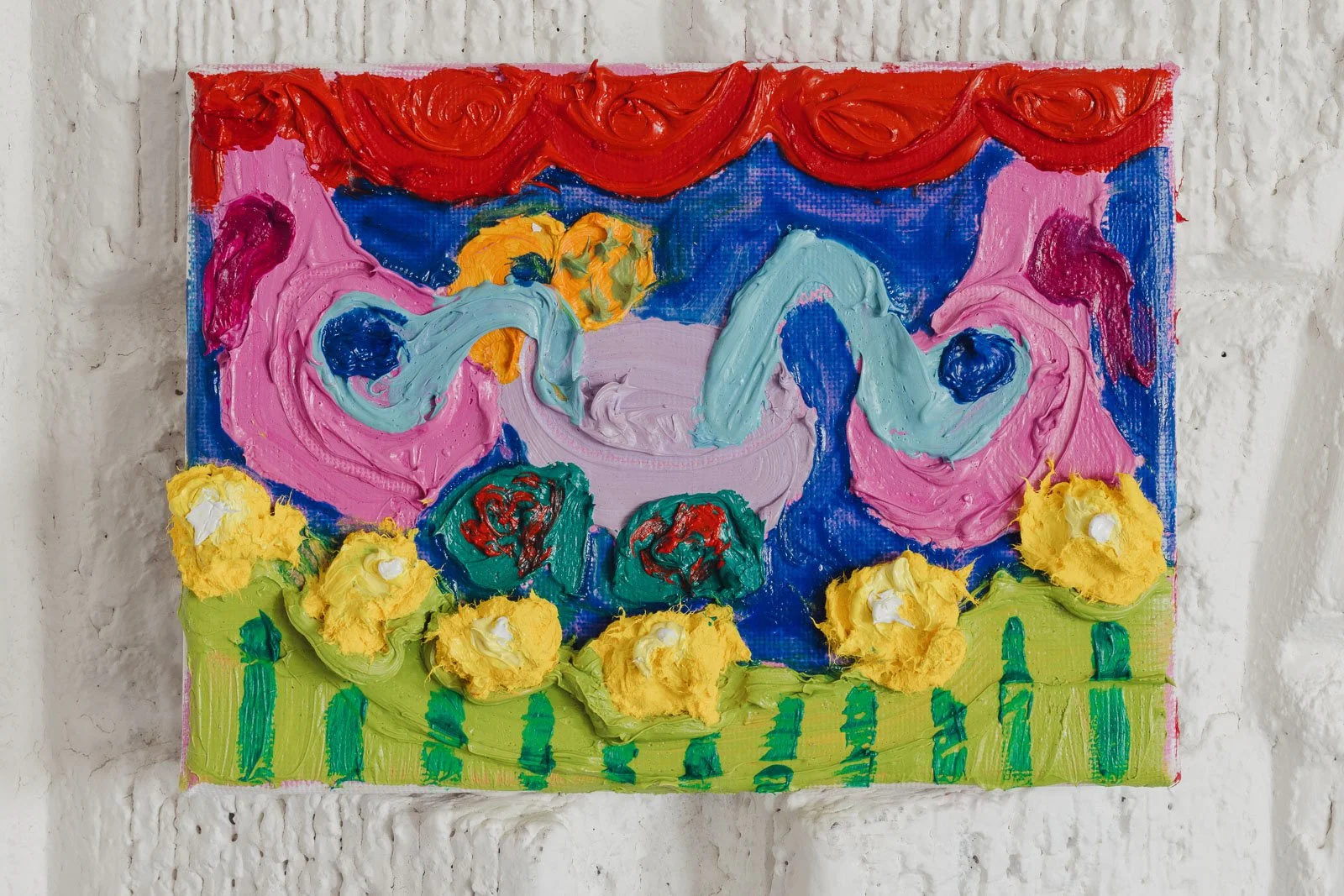 You Water Me, I’ll Water You, oil on canvas, paper pulp, 4 x 6”, 2025