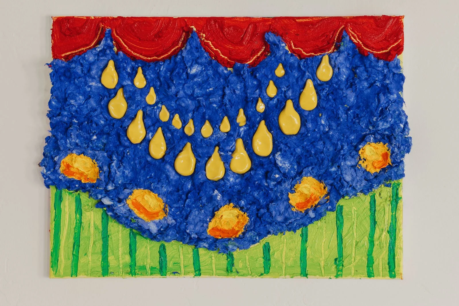 Necklace of Beers, for Niki, oil on canvas, paper pulp, glazed ceramics, 12 x 16”, 2025