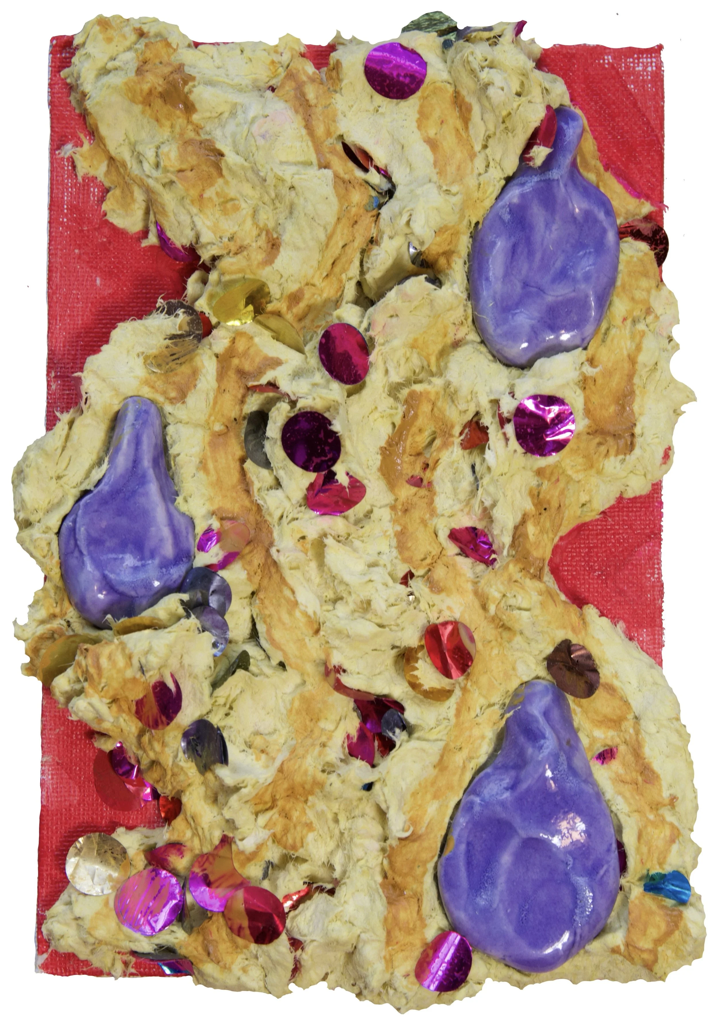 Inside Glistening Bodies, easter grass, glue, confetti, glazed ceramics, acrylic paint, 4 x 6", 2026