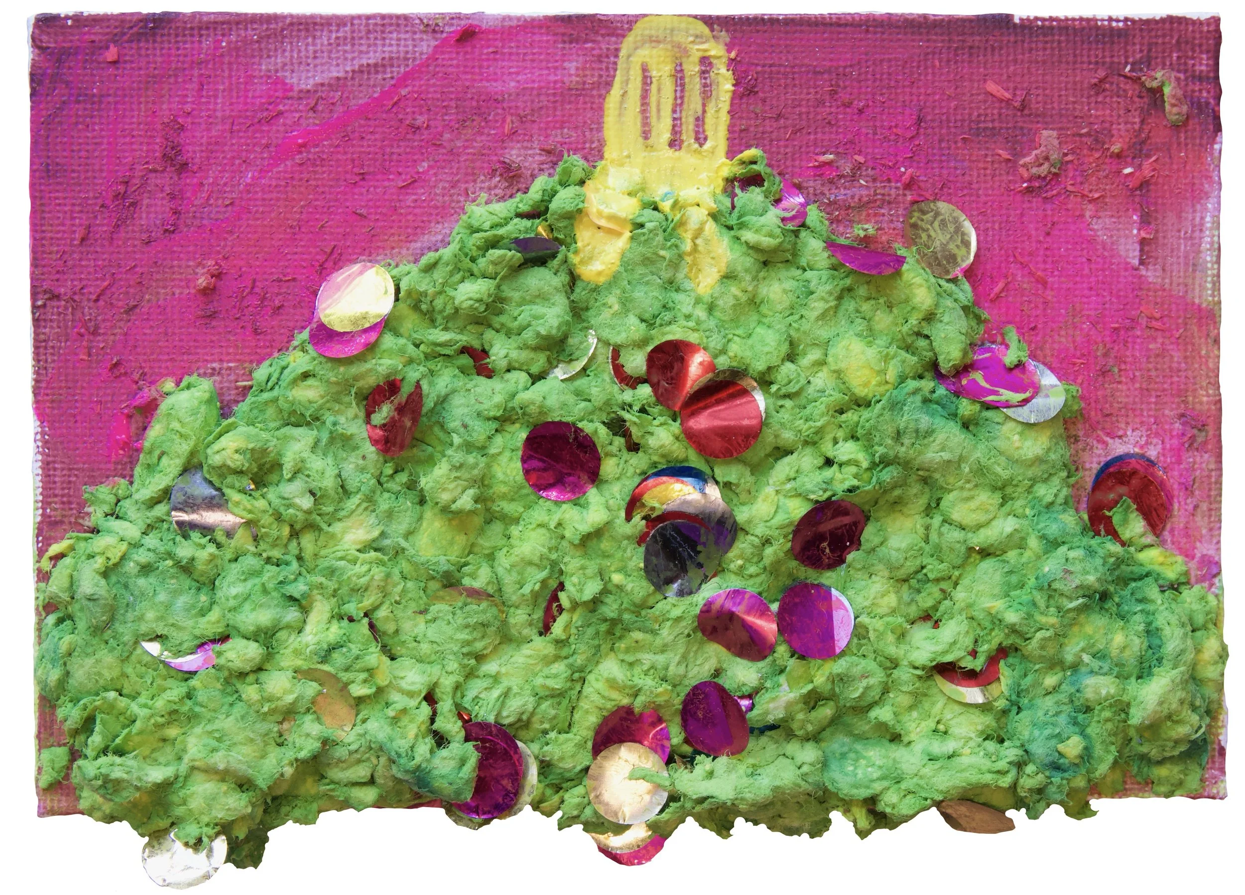 In the grass, paper pulp, confetti, acrylic paint, 4 x 6", 2026