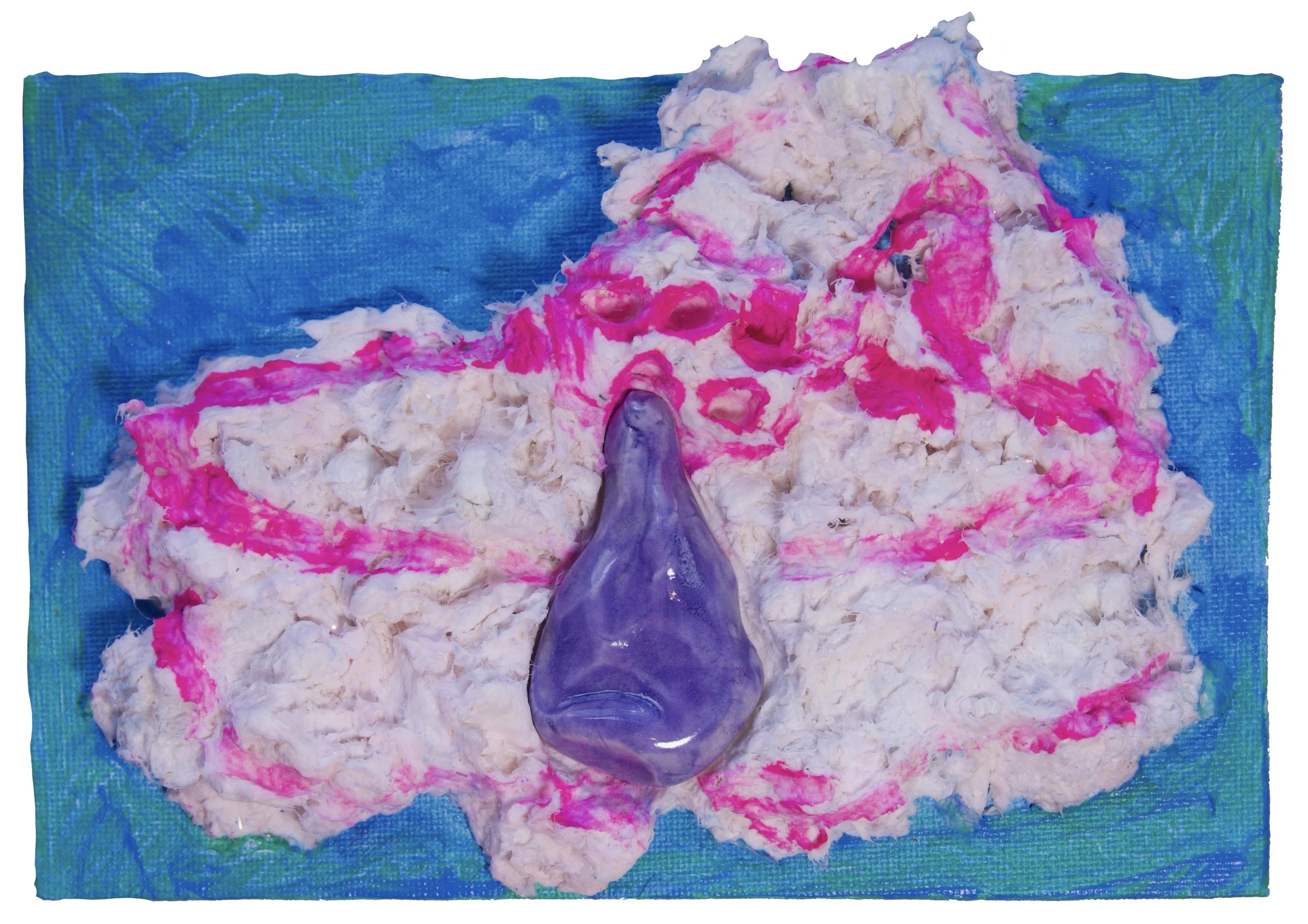 Bad weather is a gift, paper pulp, acrylic paint, glazed ceramics, 4 x 6", 2026