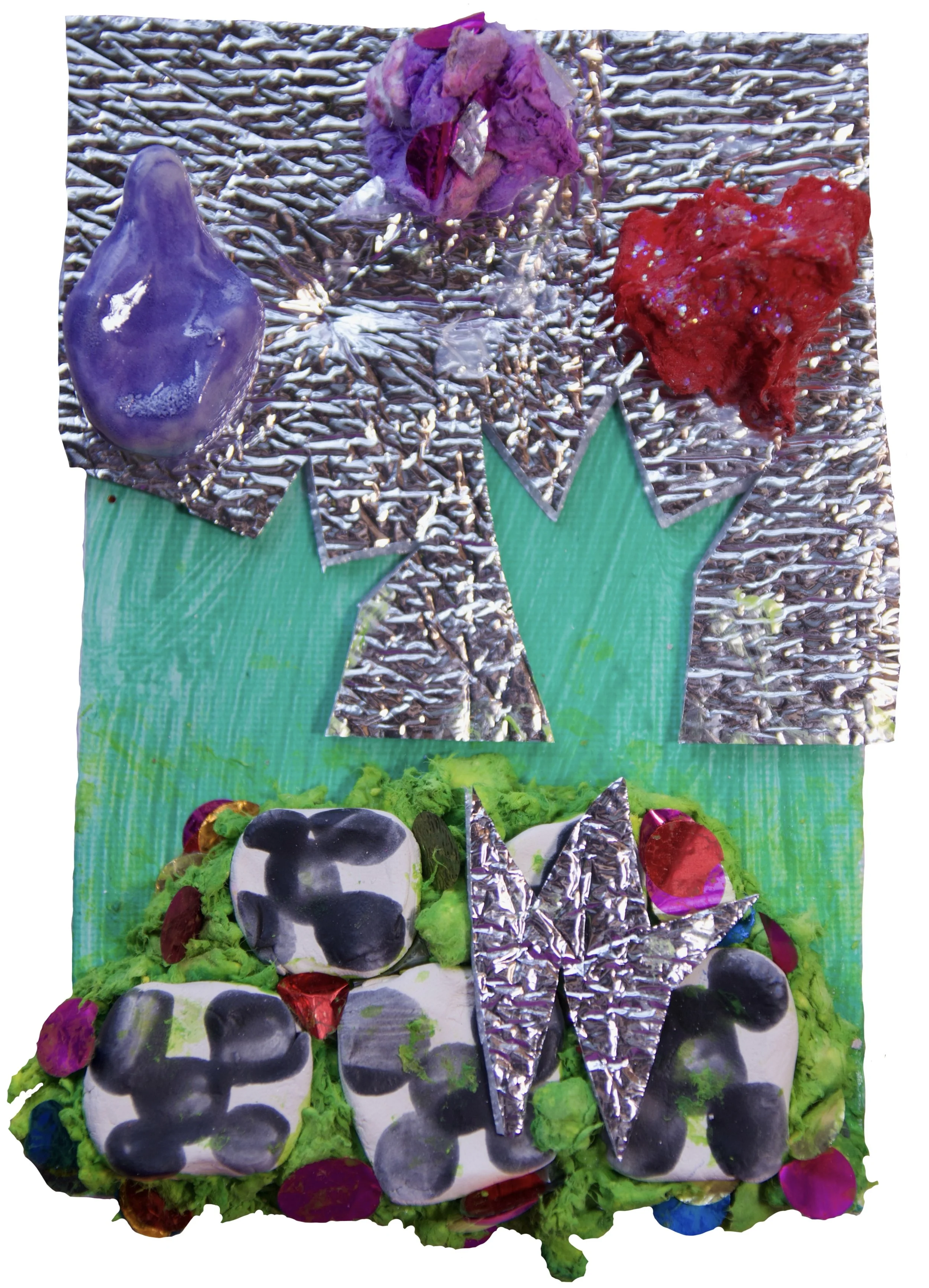 We're surrounded by time and god, reflective material, paper pulp, acrylic paint, confetti, glazed ceramics, 4 x 6" 2026
