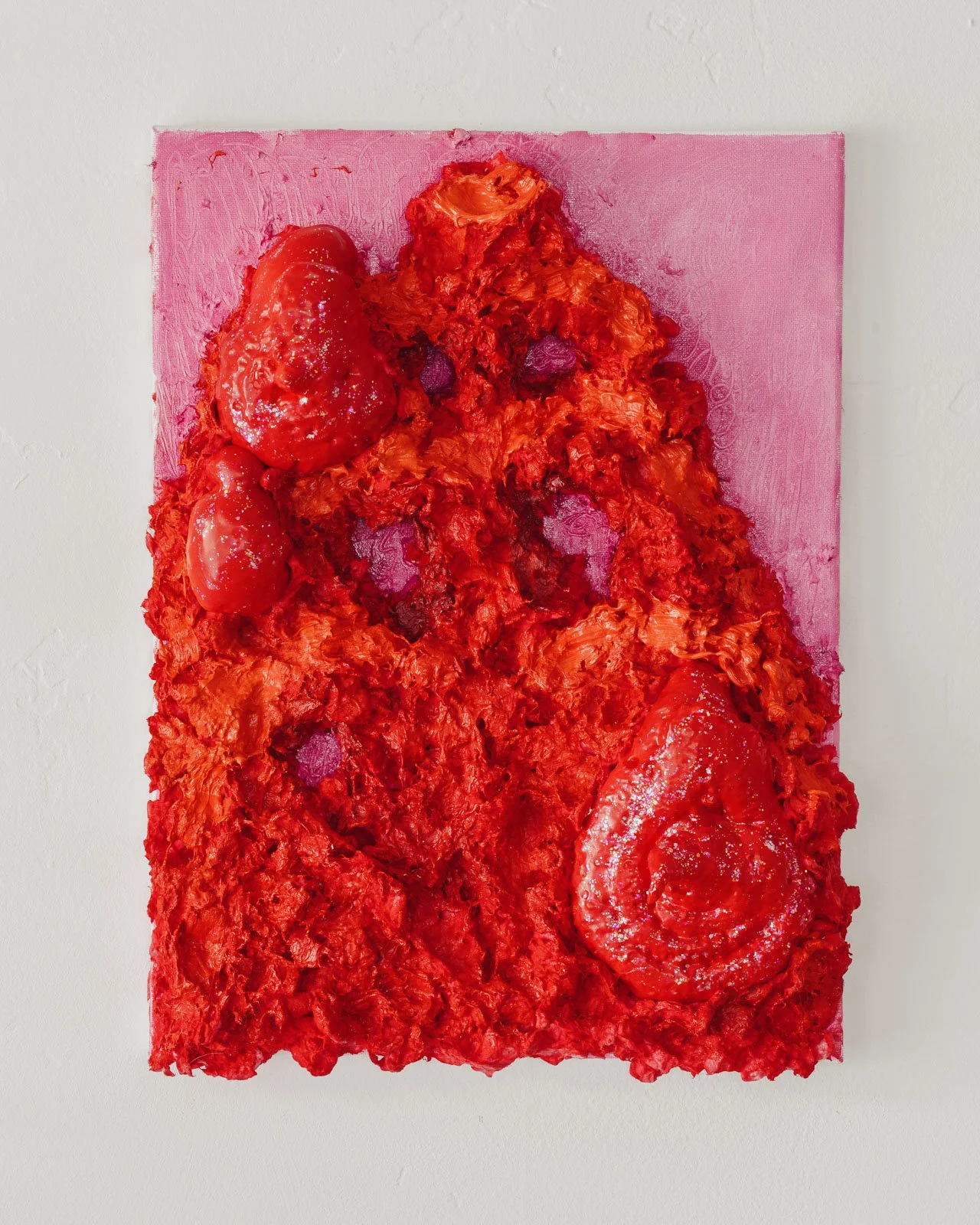 Soft Open, oil on canvas, paper pulp, spray foam, glitter, 12 x 16”, 2025
