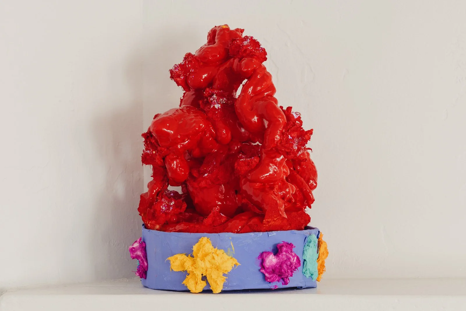 Blood Fountain, paper pulp, spray foam, paint, glitter, cardboard, 8 x 6”, 2025