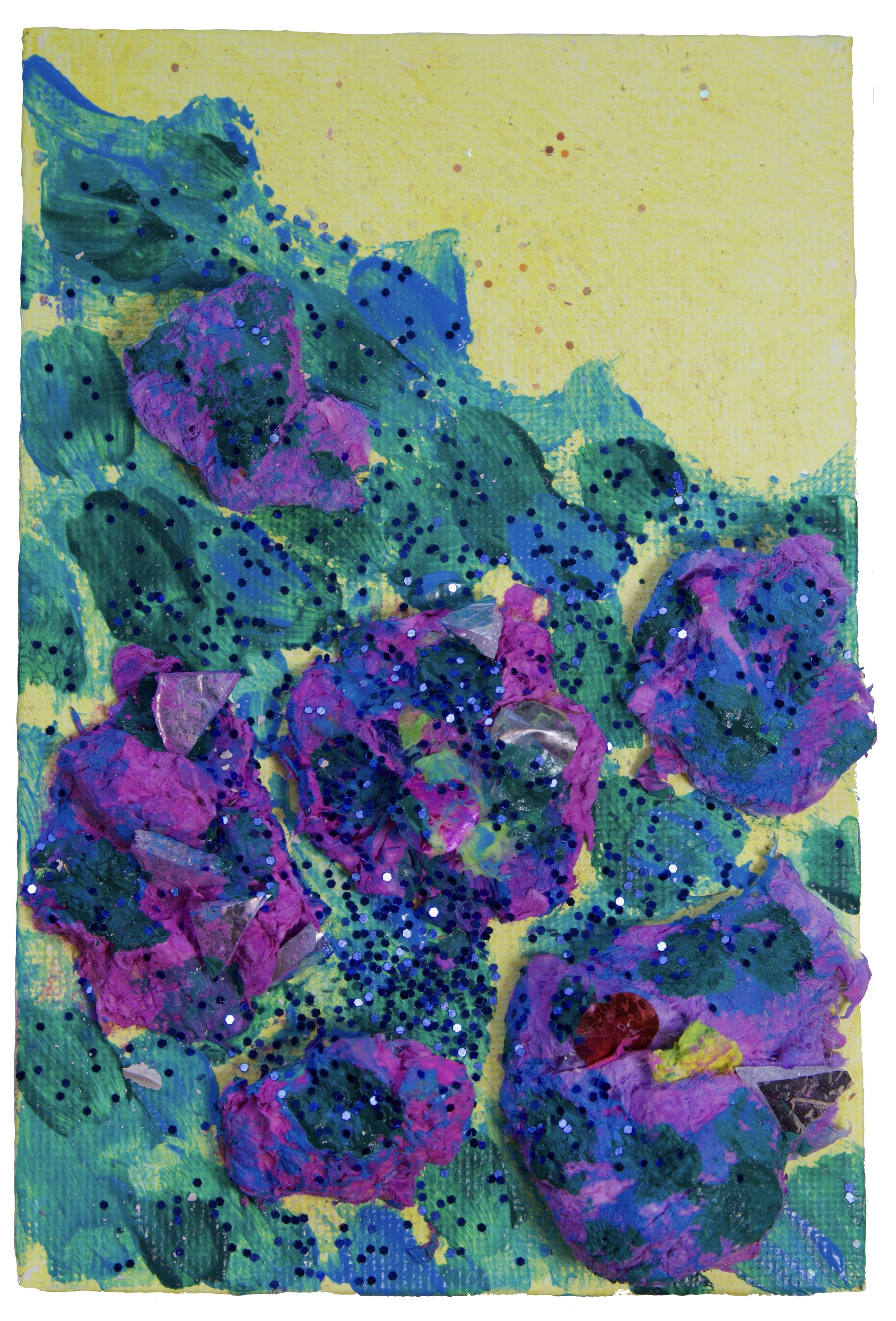 Two lovers lying on a bridge, paper pulp, glue, studio debris, glitter, acrylic paint, 4 x 6", 2026