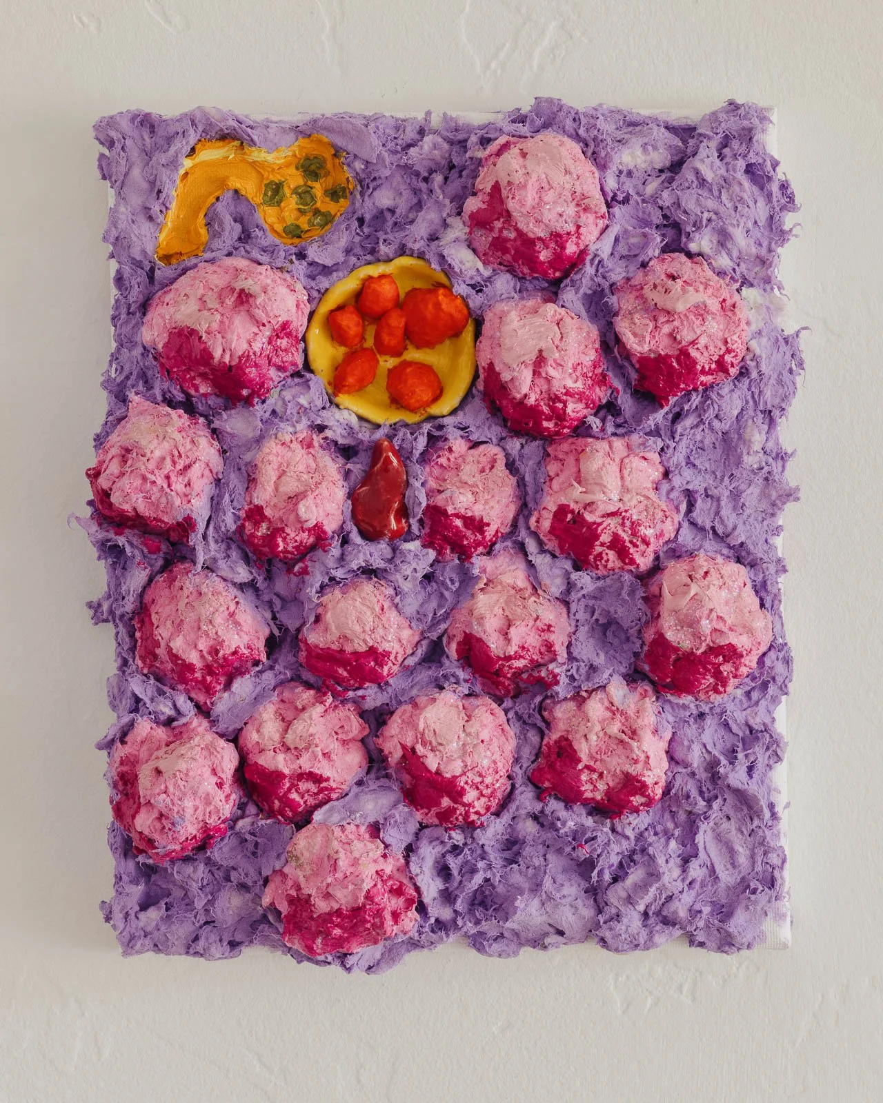 A Real Blood Bath, oil on canvas, paper pulp, spray foam, glazed ceramics, 7 x 10”, 2025