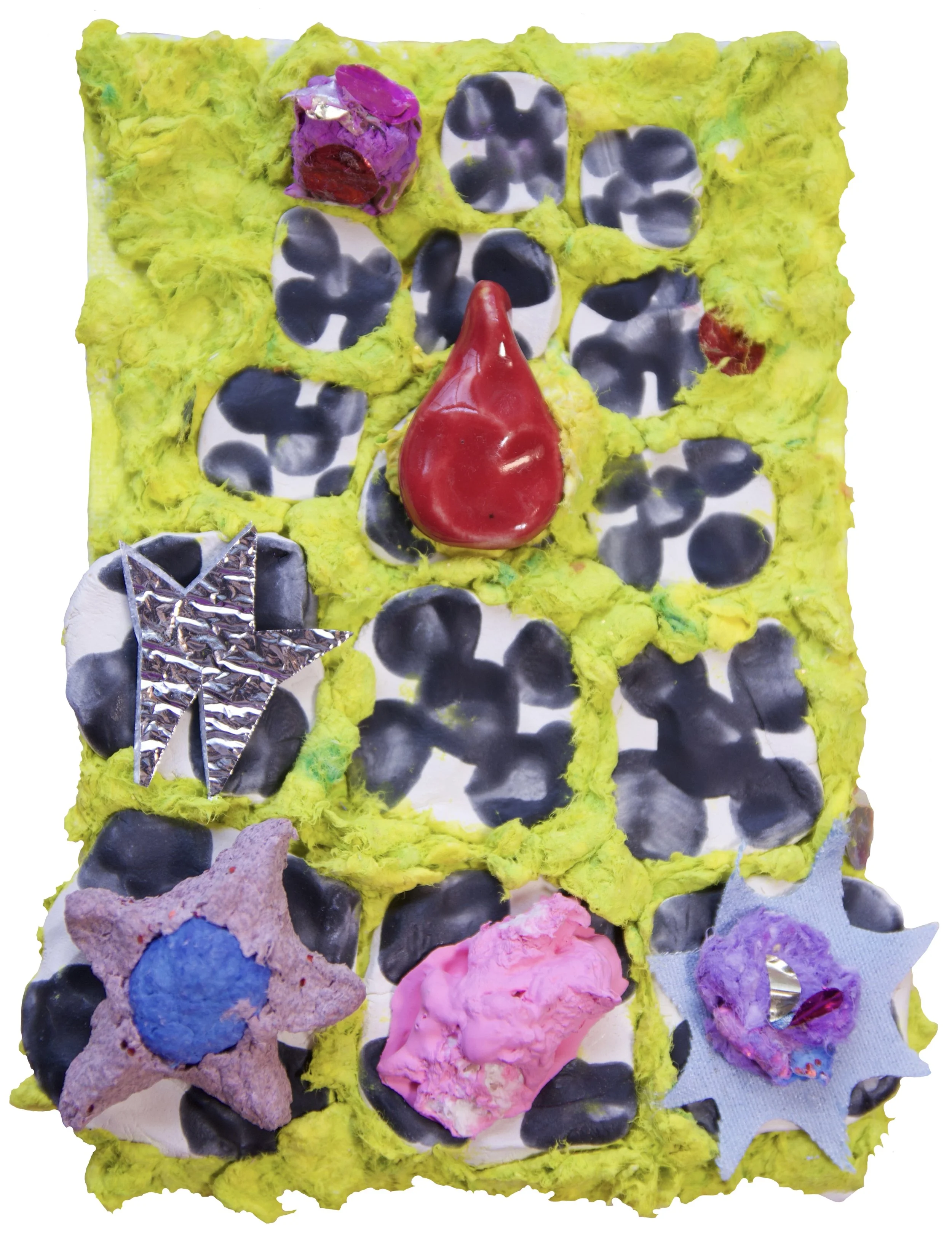 glimmering ahead, reflective material, paper pulp, glazed ceramics, acrylic paint, studio debris, 4 x 6", 2026