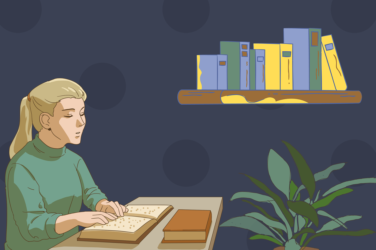 Illustration of a woman with long blond hair sitting at a desk reading a book in Braille