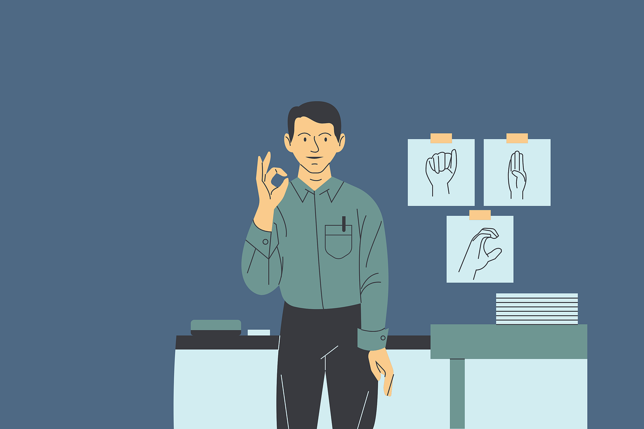 Illustration of a man standing in front of a desk doing sign language