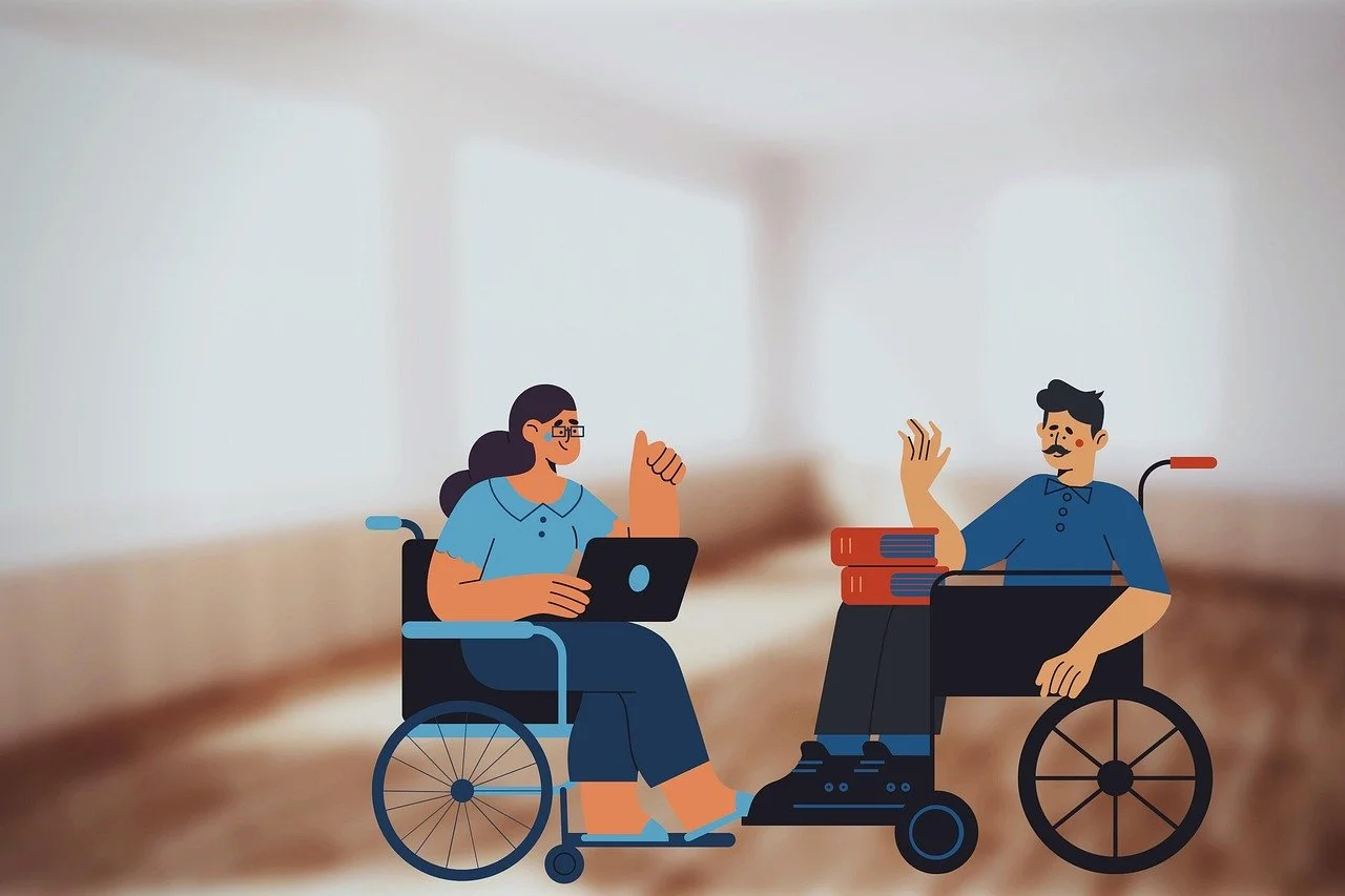 Illustration of two people in wheelchairs working together