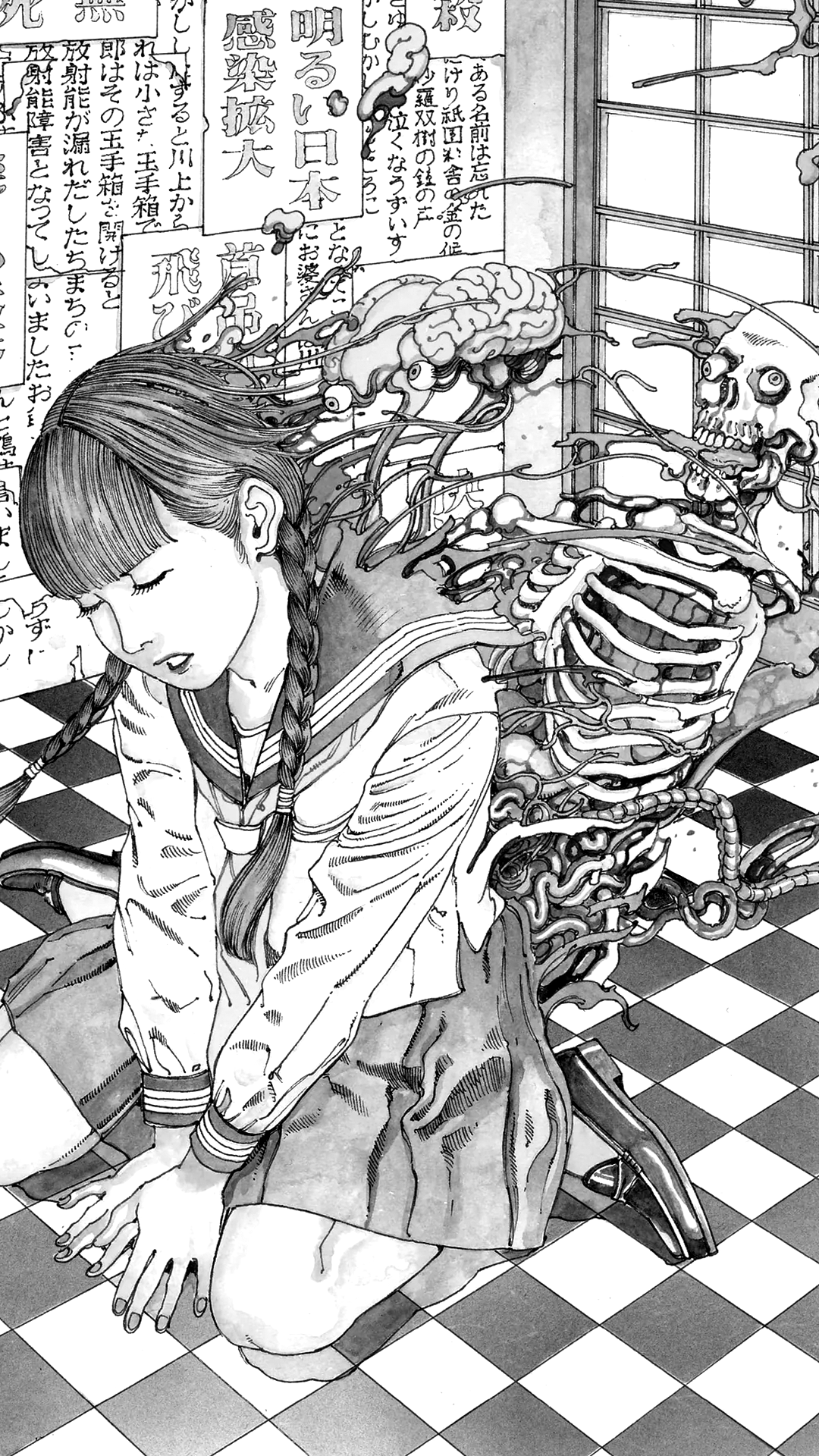 Shintaro Kago 

Known worldwide for taking the ero guro style and infusing it with humour and surreal visuals that transform figures into bizarre Rube Goldberg human hybrids,
