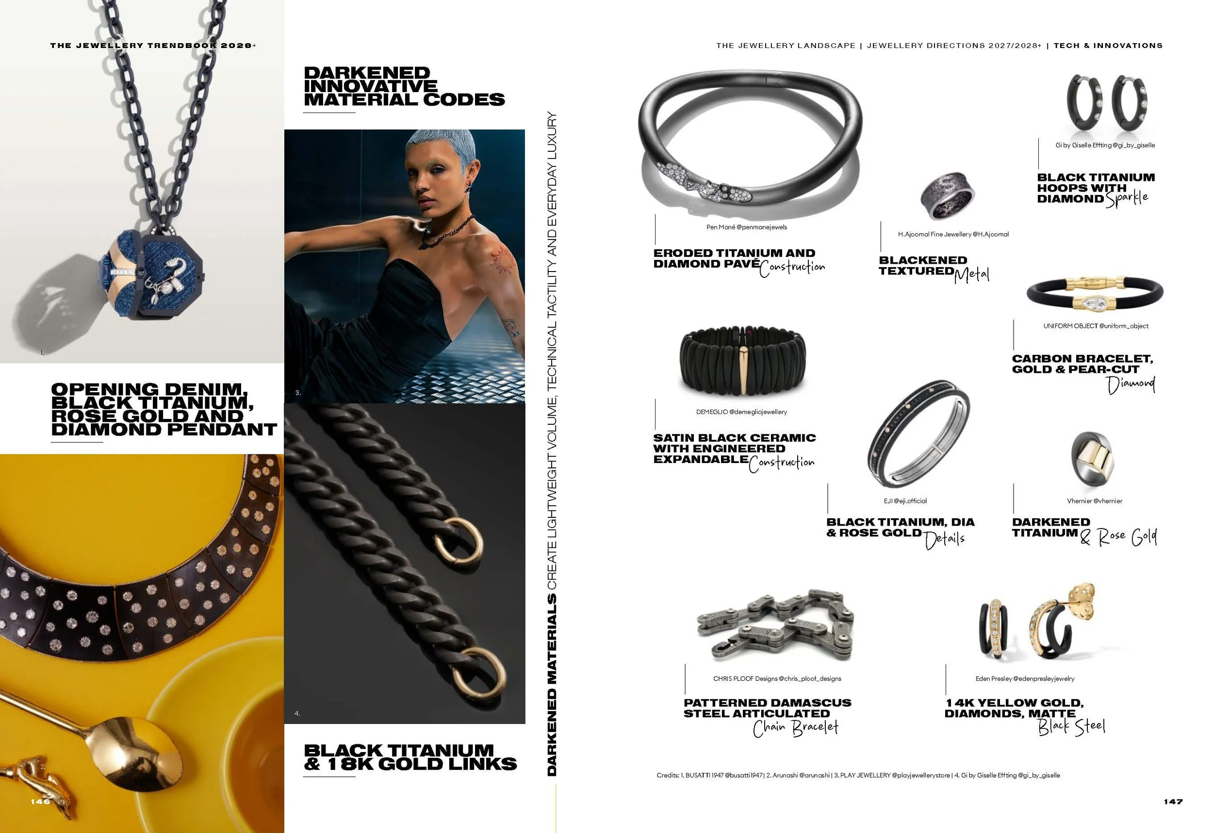 The Jewellery Trendbook 2028+ by Italian Exhibition Group, Tech & Innovations spread featuring Gi by Giselle Effting titanium jewelry, Florence, Italy