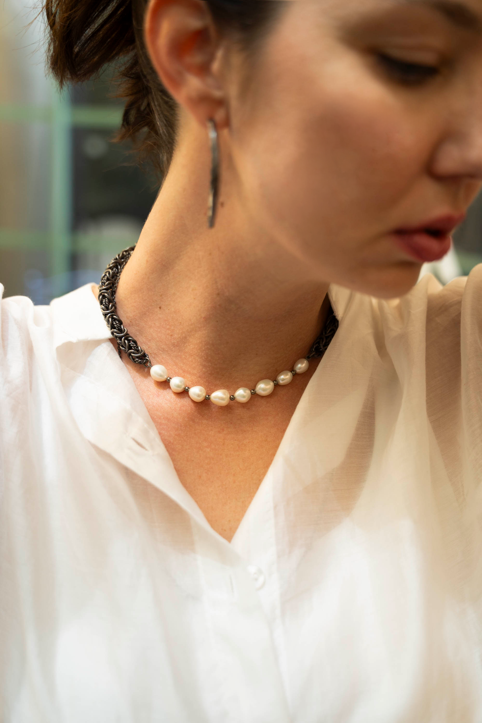 Dew Necklace - Titanium & Baroque Pearl
