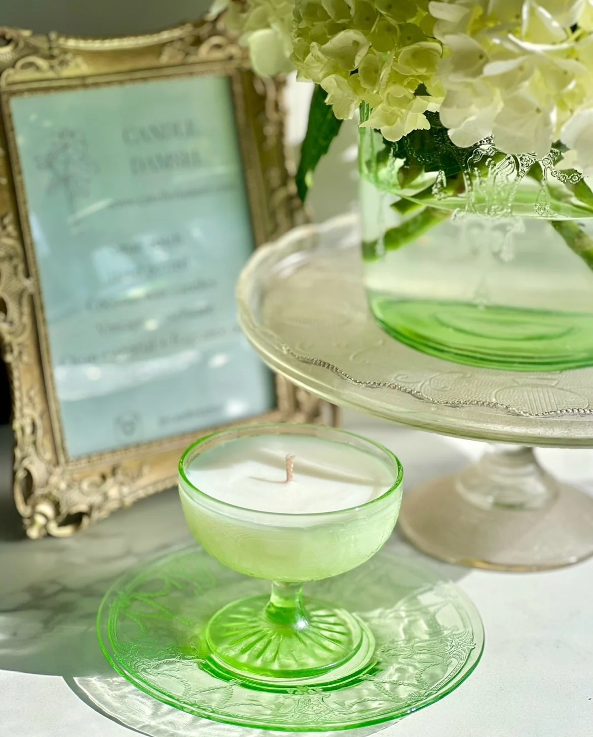 1930-1934 "Cameo Green" Uranium Champagne and Saucer Set by Anchor Hocking