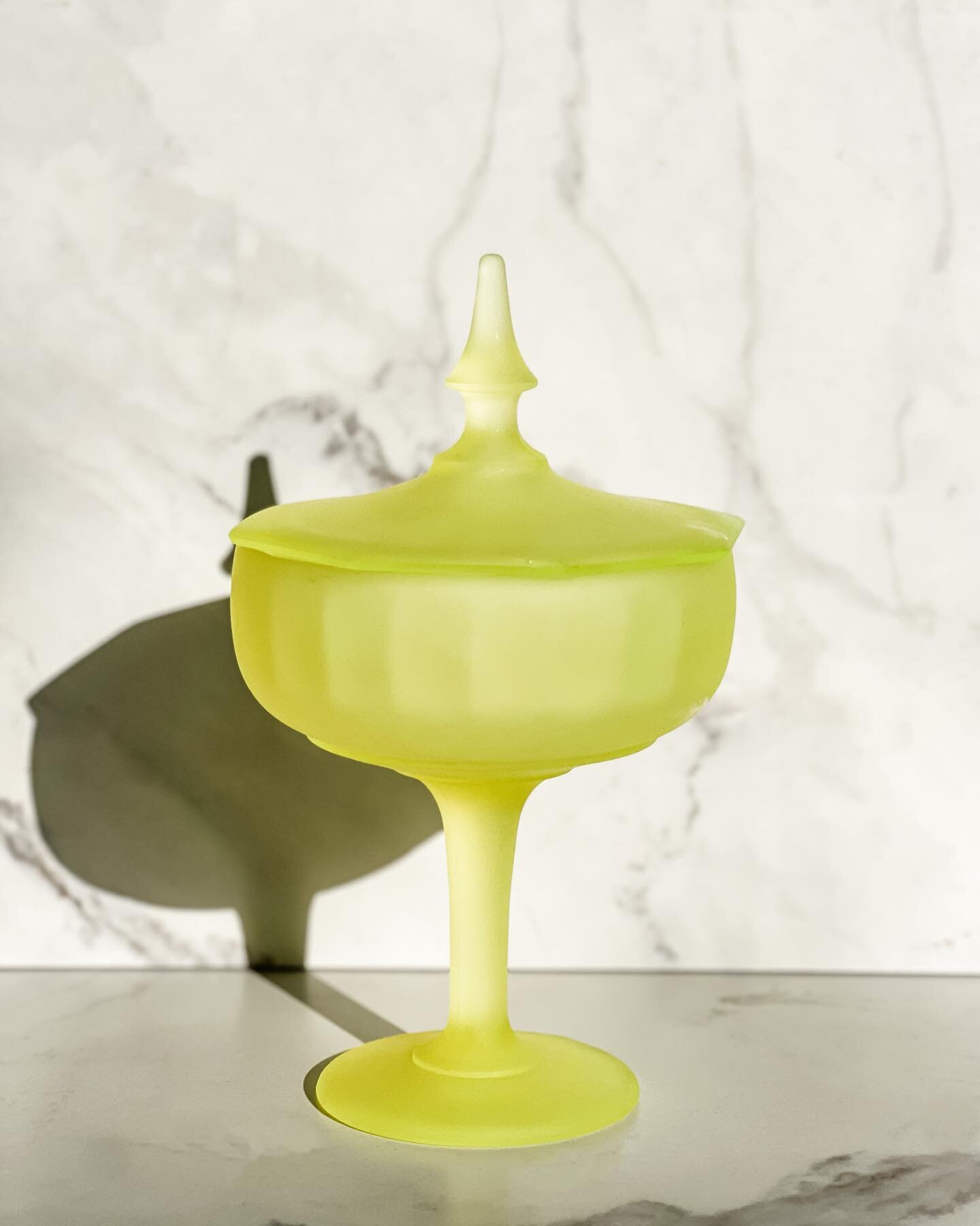 1930 Vaseline Satin Pedestal Dish by Toussant 

Available for custom order. In pristine condition. $215