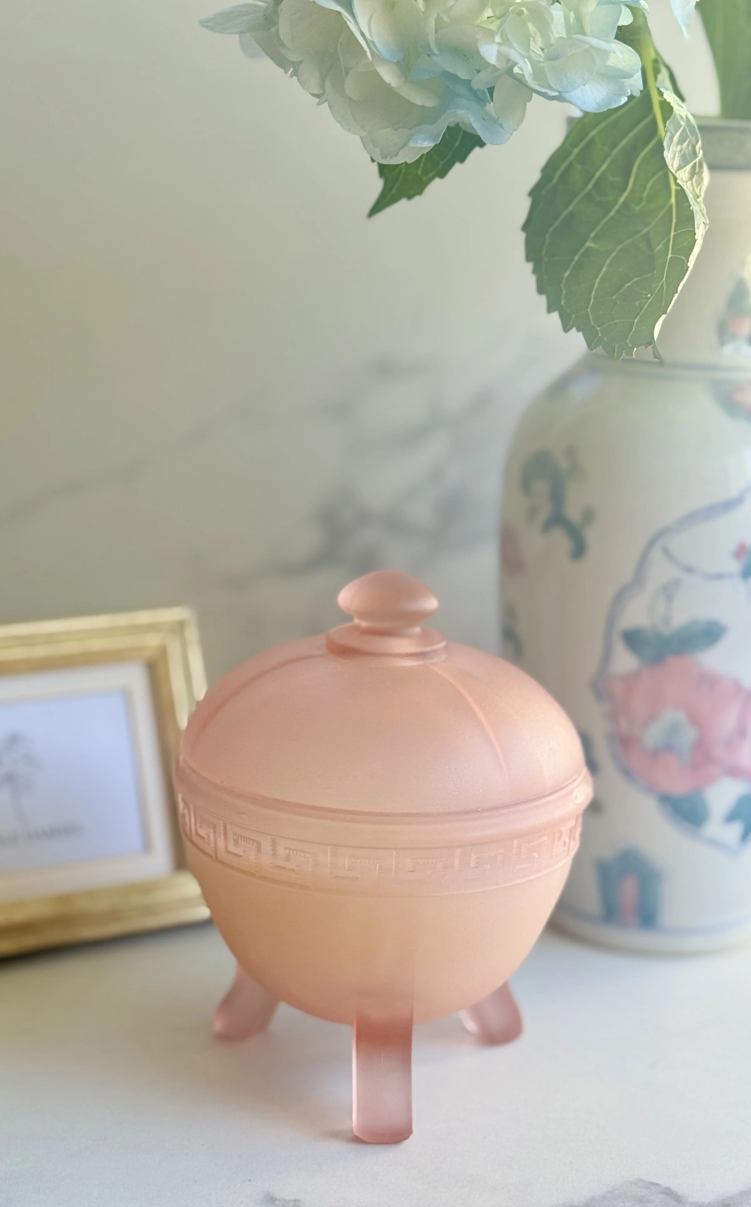 1930s Greek Key Satin Powder Jar by Taussant Glass
