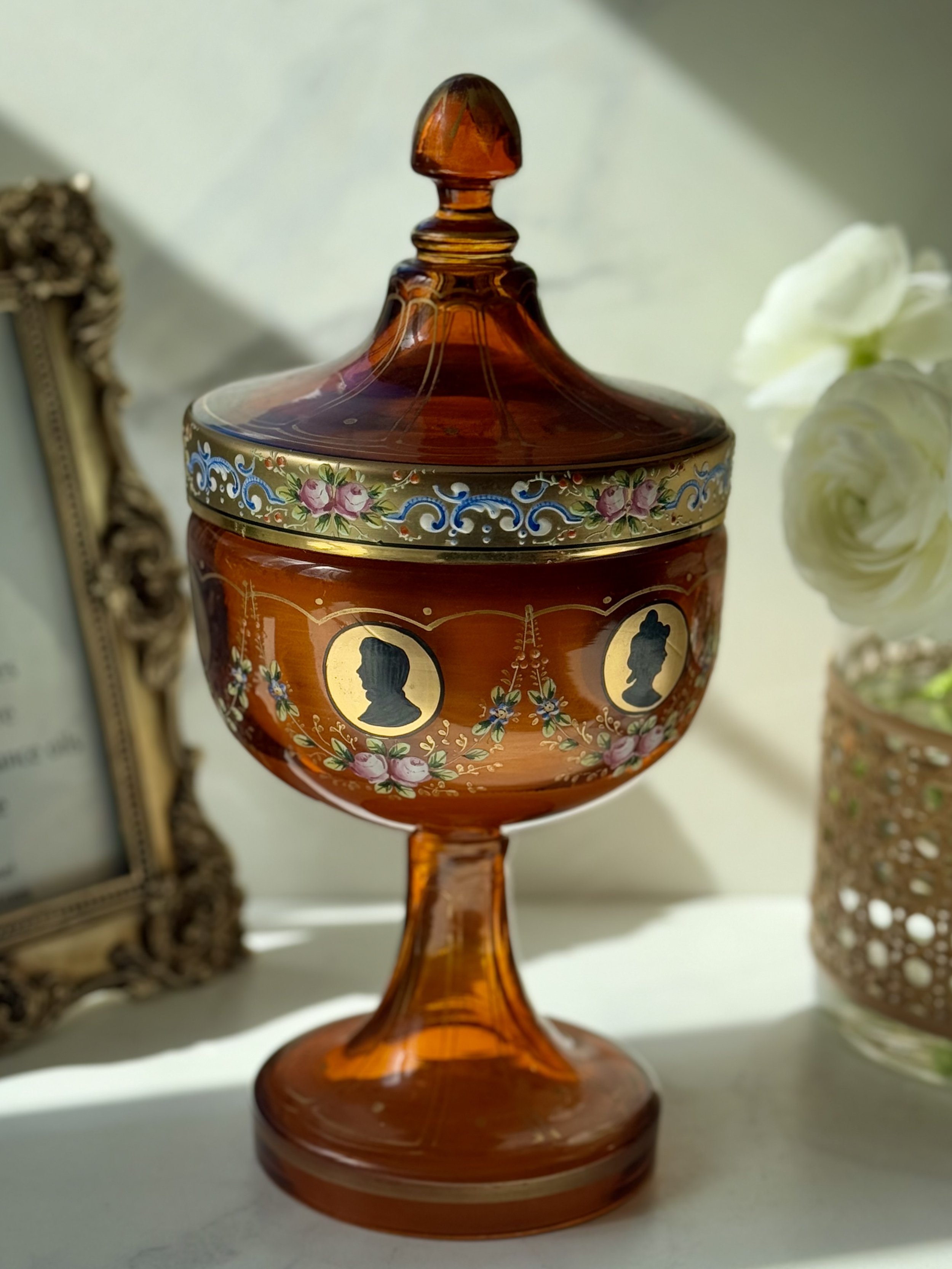 Early American Handpainted Cameo Apothecary Jar