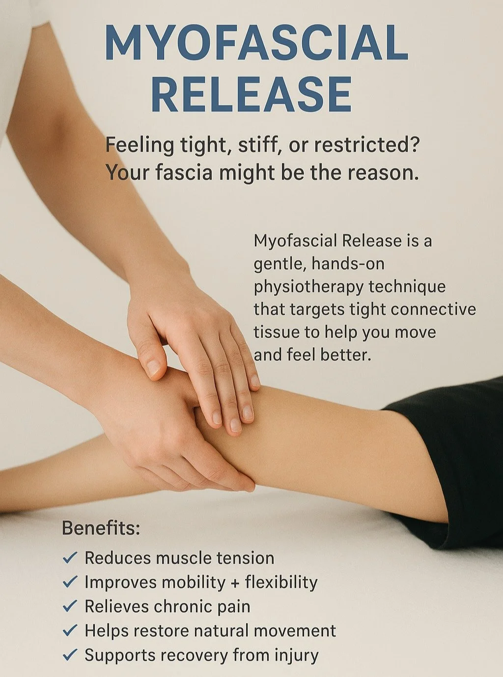 MYOFASCIAL RELEASE ✨
Feeling tight, stiff, or restricted? Your fascia might be the reason.
Myofascial Release is a gentle, hands-on physiotherapy technique that targets tight connective tissue to help you move and feel better.
Benefits:
✔️ Reduces mu