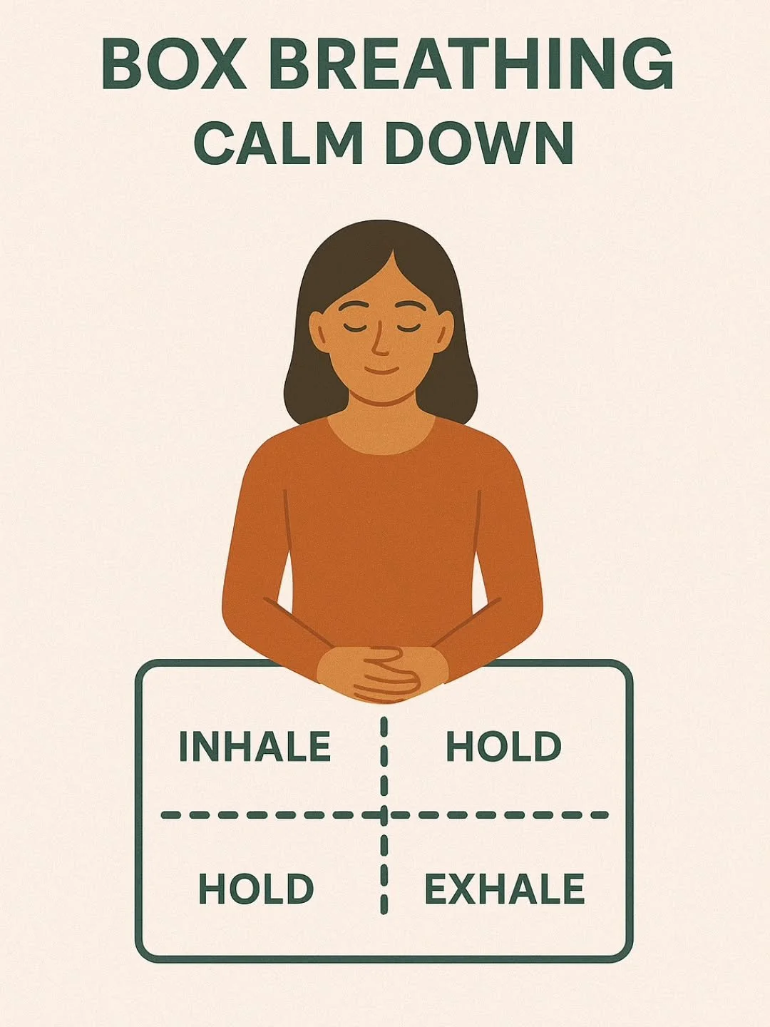 Your 60-Second Calm-Down Technique

Stress tightens your diaphragm and pelvic floor &mdash; affecting posture, pain, AND breathing.
 Try box breathing:
 4 seconds inhale
 4 seconds hold
 4 seconds exhale
 4 seconds hold
 Repeat 4 rounds

This techniq