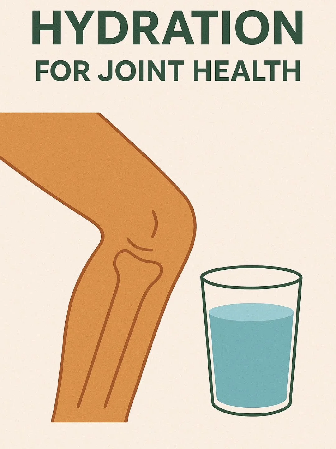 Hydration for Joint Health

Your joints are mostly water. When you&rsquo;re dehydrated, cartilage becomes less cushioned and muscles tighten.

 Aim for:
 💧 Half your bodyweight (lbs) = ounces per day

 Add more if active, sweating, or working long s