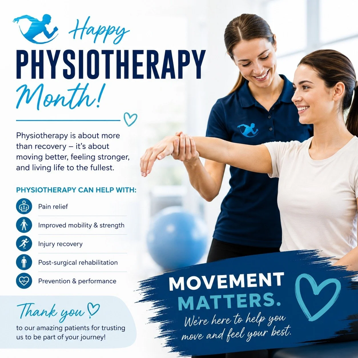Happy Physiotherapy Month! 🎉

Whether you&rsquo;re recovering from an injury, managing pain, improving mobility, or working toward your goals, physiotherapy is about helping you move and feel your best.

Thank you to our amazing patients for trustin