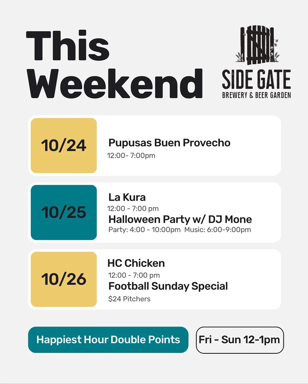 Ready for a scary fun weekend? With delicious Pupusas Buen Provecho, La Kura & HC Chicken, we have something for every monsters’ tastes! Tomorrow our Side Gate x La Kura “Bloody Good” Michelada will be back & is so tasty it&