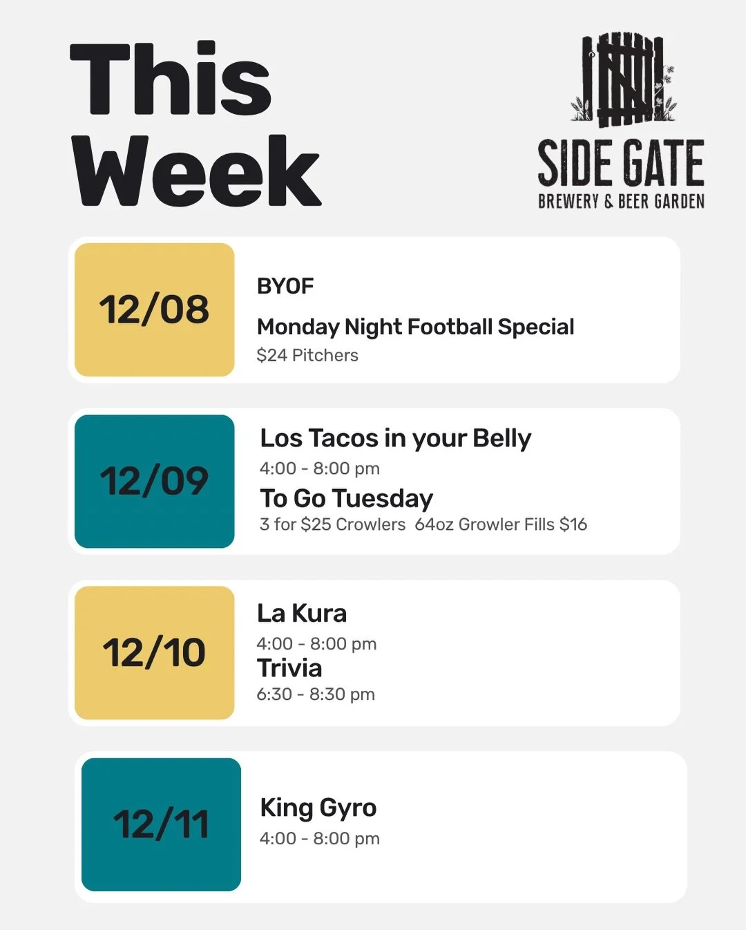 It&rsquo;s a delicious week here at Side Gate! And we have an opportunity for you to meet your new furry friend this Saturday! With food trucks 6 days a week, and a Joybound Adoption Event this Saturday we have a week of excitement lined up for you! 