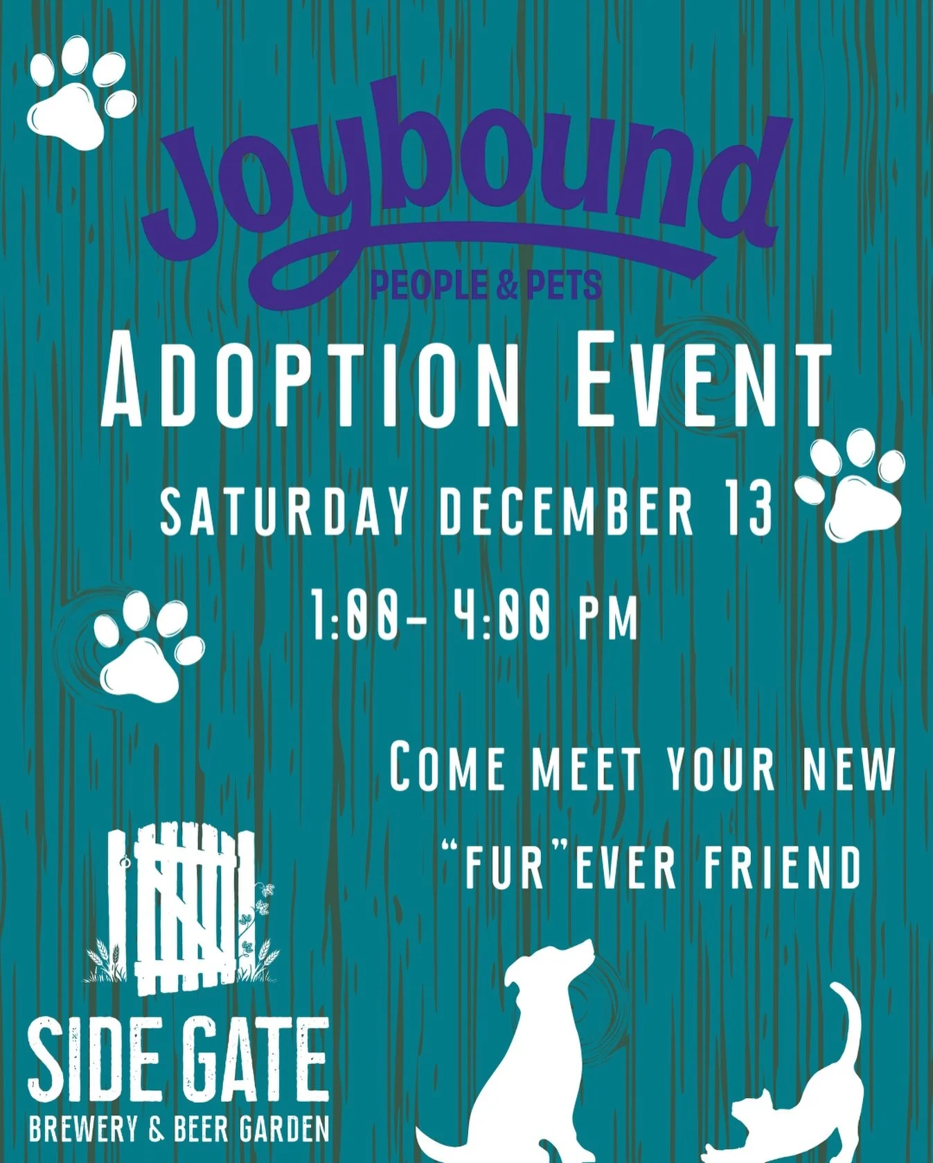 This Saturday we&rsquo;re working with Joybound and hosting another adoption event! Grab a beer and come meet your new furry friend! We are a community here at Side Gate and that includes our pets! Our furry friends make our families whole! Come on d