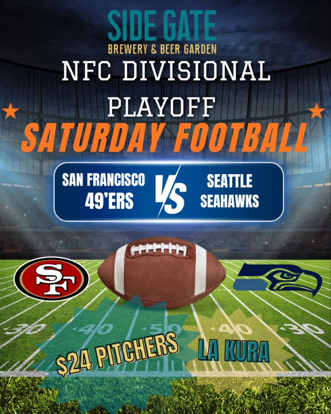Ready to keep cheering on the 49ers? Game time is 5pm, sound will be on, and the beer will be flowing! La Kura will also be here serving up game day favorites from nachos to tacos! It&rsquo;s gonna be a fun day and a great game! Cheers!