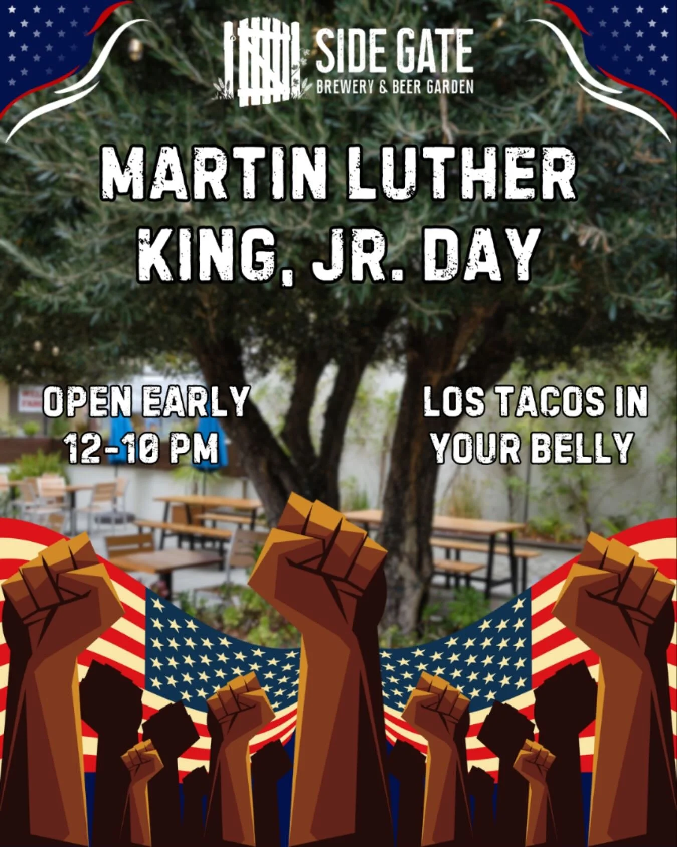 We are open early today from 12 to 10 pm, with customer favorite Los Tacos In Your Belly here serving up delicious food from 12-5pm! Swing through the Side Gate! Cheers 🍻