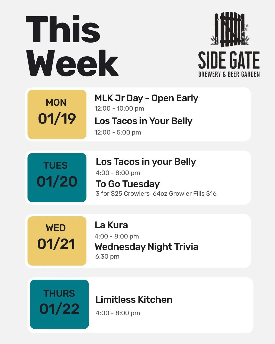 Don&rsquo;t wanna cook this week? No problem! We have your dinner plans covered all week with customer favorite food trucks! From tacos to burgers &amp; more, your every craving is covered! Don&rsquo;t worry we plenty of fresh delicious craft beer av