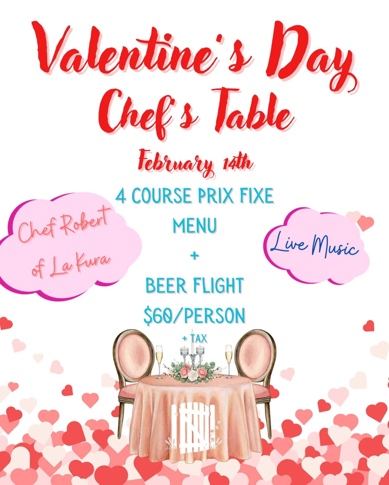 Love is in the air! Our Valentines Day Chefs Table returns with Chef Robert of La Kura! Join us for a 4 course meal and beer pairing! Its the perfect way to show the love to the beer lover in your life! Tickets are on sale now online at the link in o