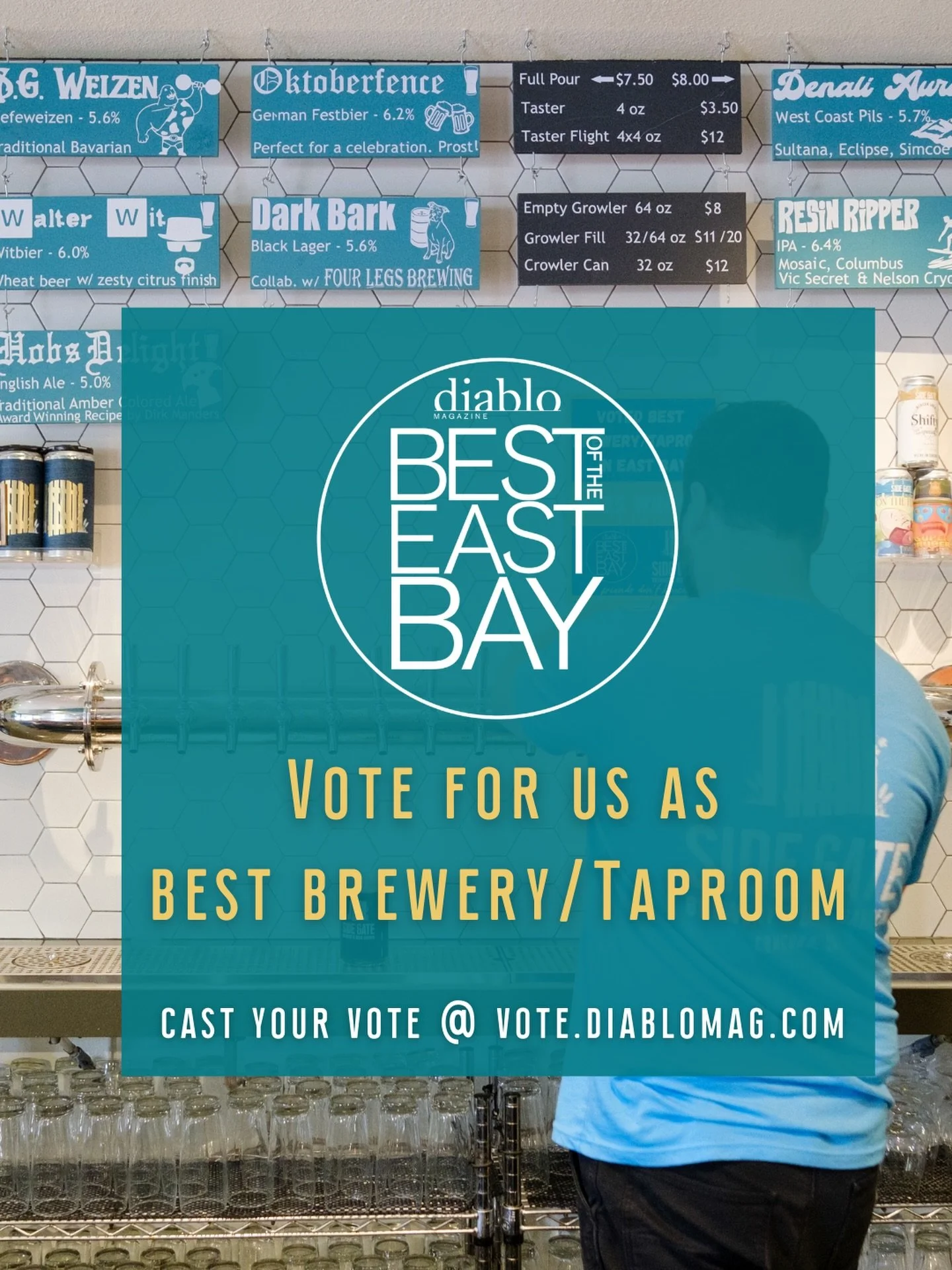 Can you help us win &ldquo;Best Brewery/Taproom&rdquo; in Diablo Magazine&rsquo;s Best of the East Bay Contest?
*Go to: VOTE.DIABLOMAG.COM 
*Select: Food &amp; Drink, then Best Brewery/Taproom
*Type in: Side Gate Brewery &amp; Beer Garden
*Click: VOT