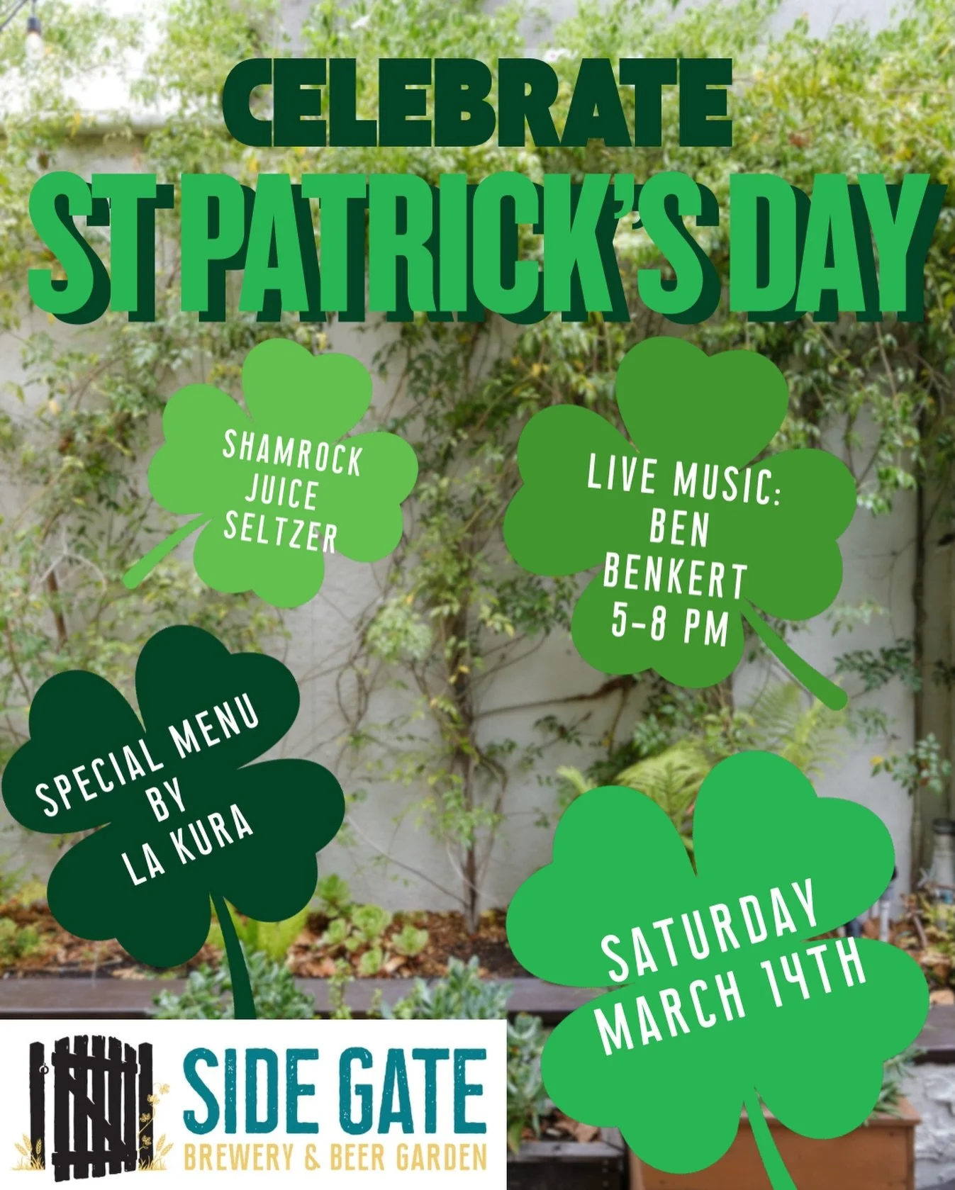 Join us next Saturday March 14th to celebrate St Patrick&rsquo;s Day! With live music by Ben Benkert, a special menu from La Kura and the return of our Shamrock Juice Seltzer! ☘️ 

Grab your green gear and swing by for a day of food, music &amp; beer