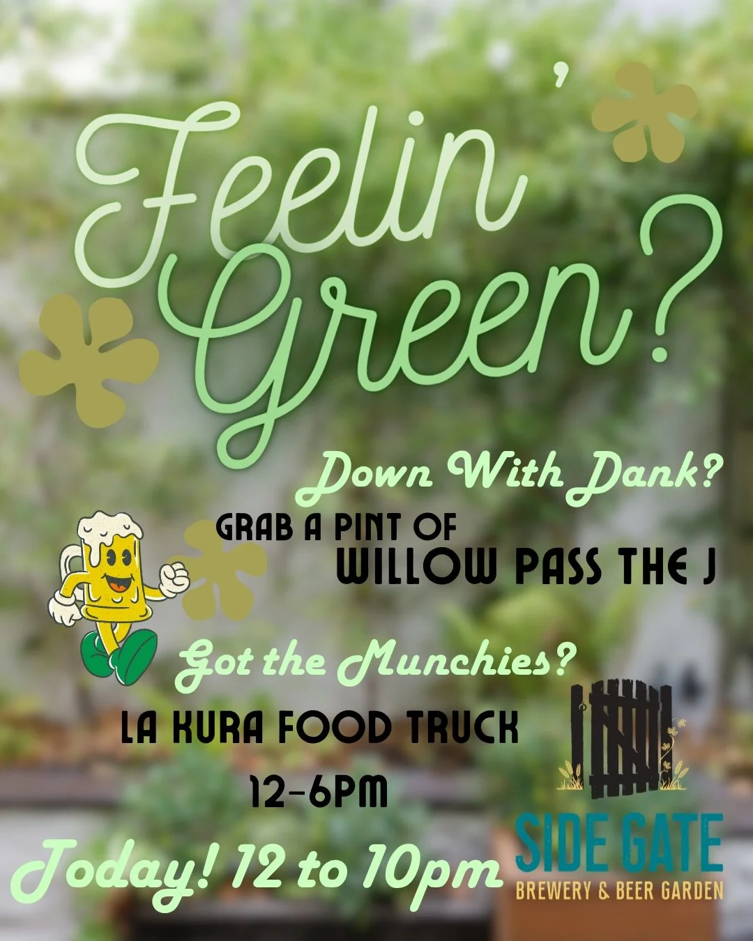 Still looking for plans on this sunny Saturday? Come swing by Side Gate for our Willow Pass the J release party! With a fun munchie filled menu from La Kura &amp; a full tap list, we have you covered! Grab your friends and family, and come through th